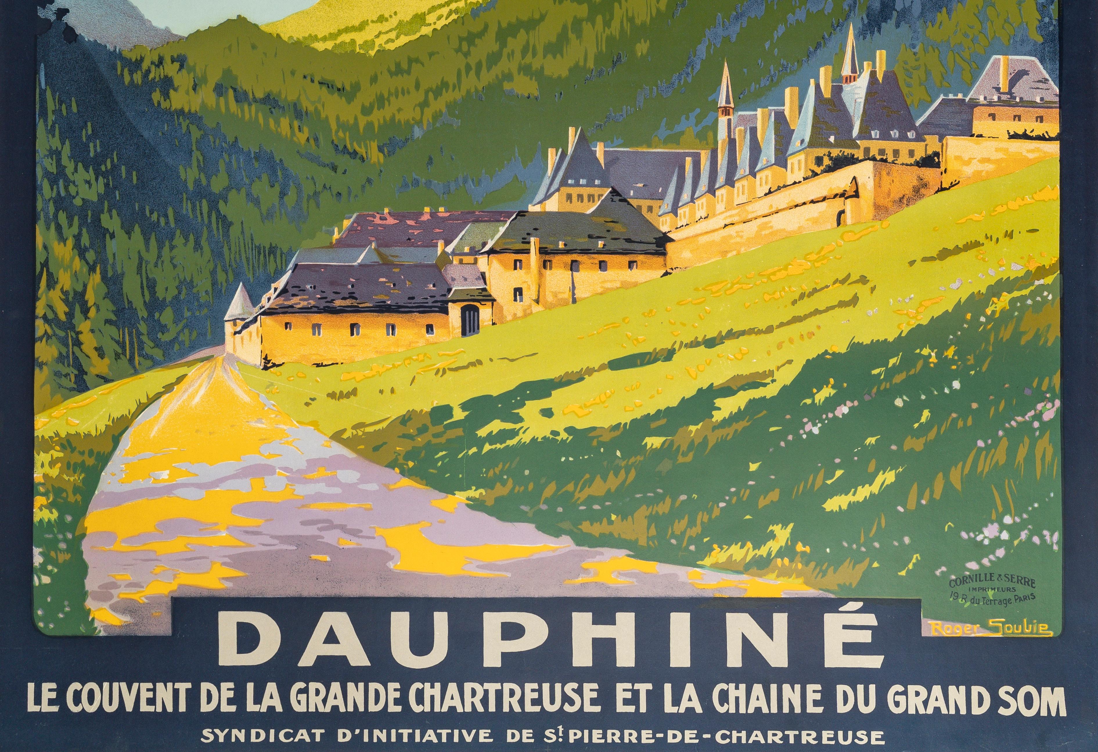 Soubie, Cartel original PLM Turismo, Dauphiné, Ferrocarril, Montaña, Convento, 1920 Art Decó en venta