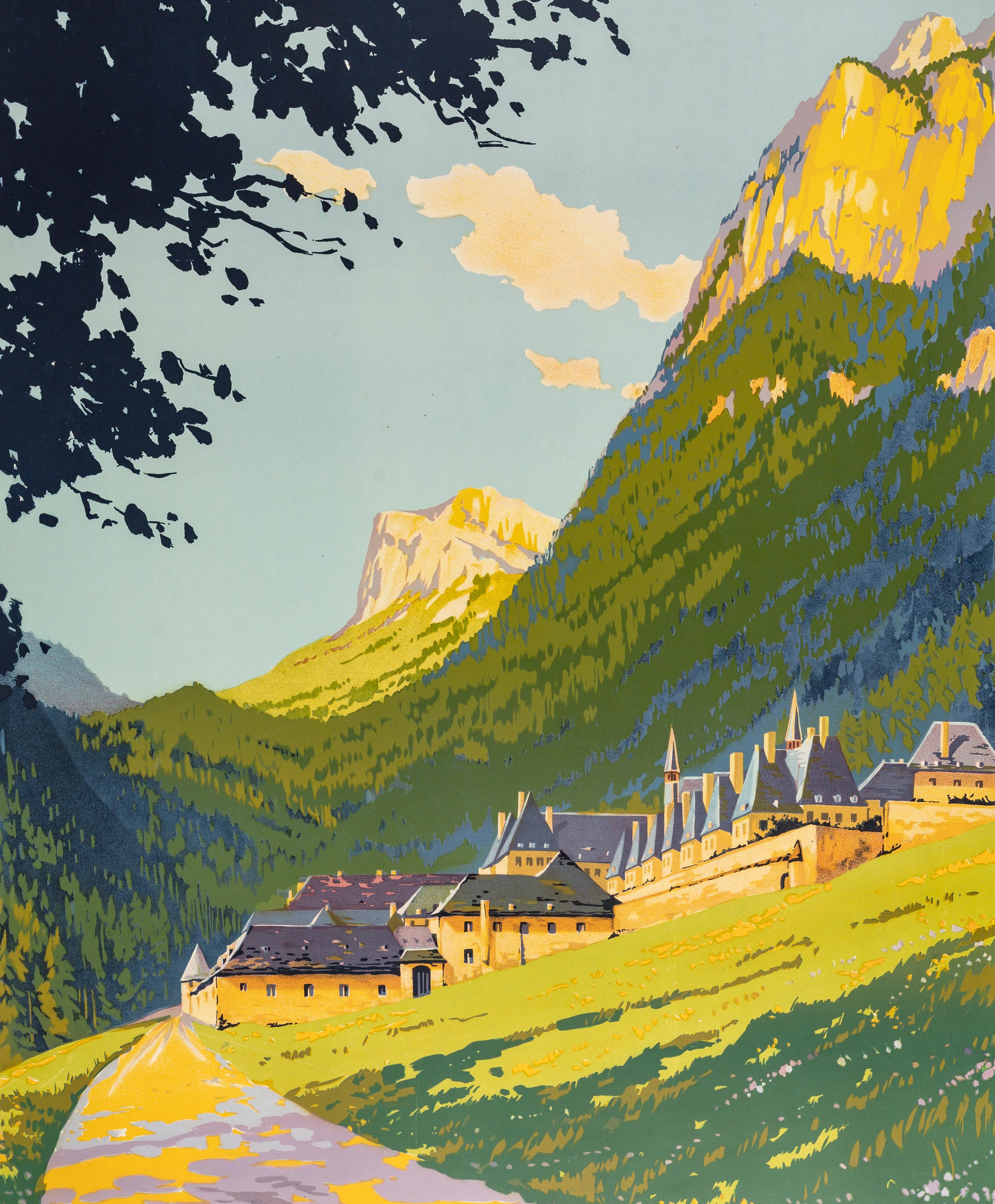 Soubie, Cartel original PLM Turismo, Dauphiné, Ferrocarril, Montaña, Convento, 1920 Francés en venta