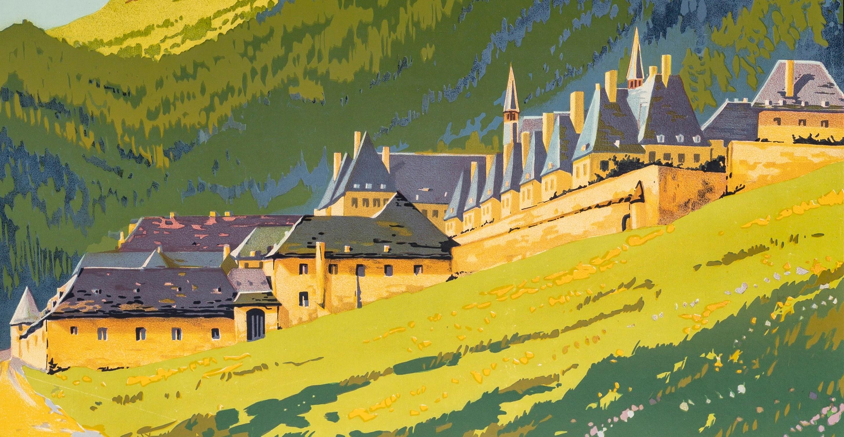 Soubie, Cartel original PLM Turismo, Dauphiné, Ferrocarril, Montaña, Convento, 1920 en Bueno estado para la venta en SAINT-OUEN-SUR-SEINE, FR