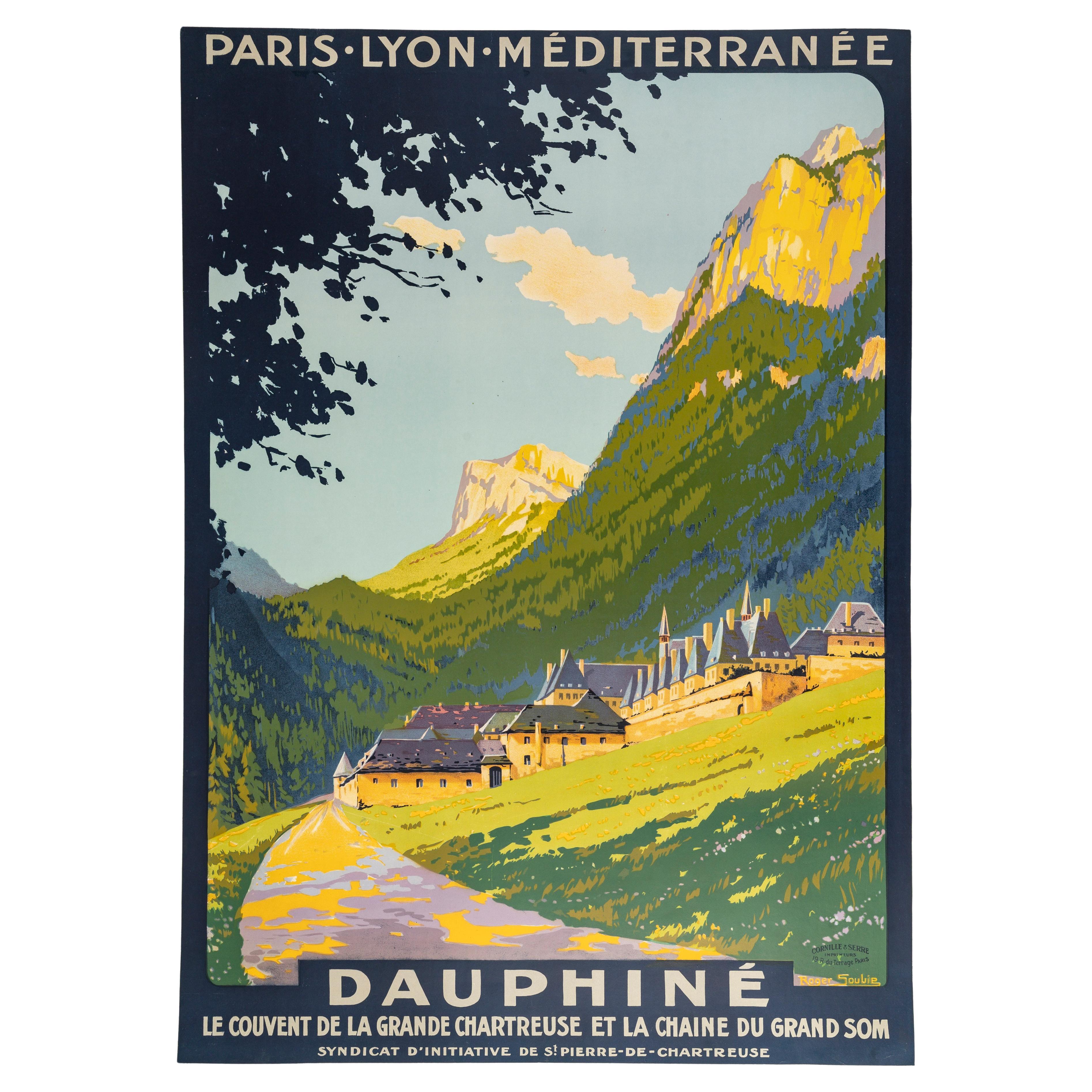 Soubie, Original PLM-Tourismus-Plakat, Dauphiné, Eisenbahnen, Berge, Kloster, 1920