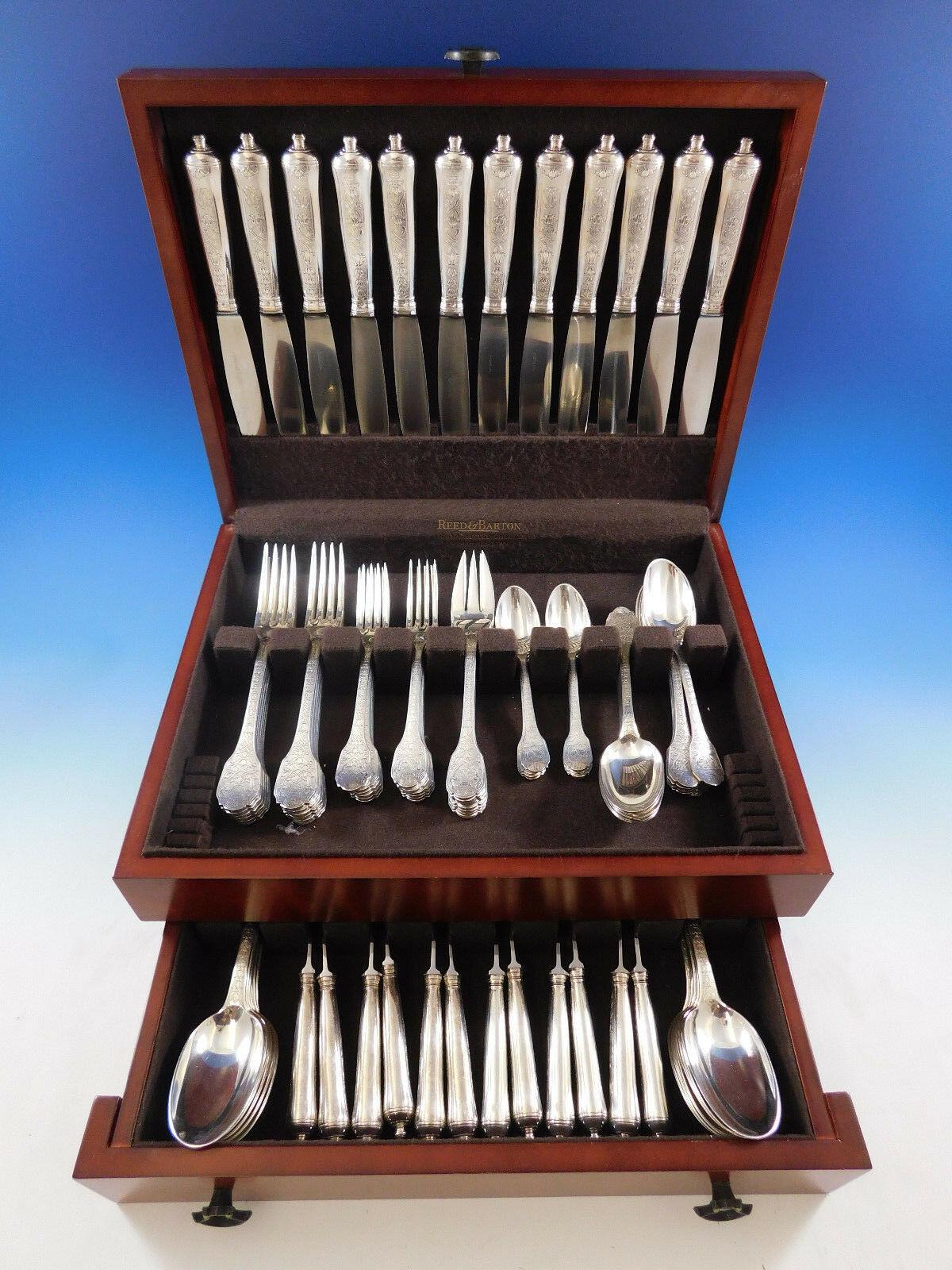 Outstanding Soubise by Puiforcat France sterling silver Flatware set, 88 pieces. This set includes:

12 dinner size knives with cannon handles, 10