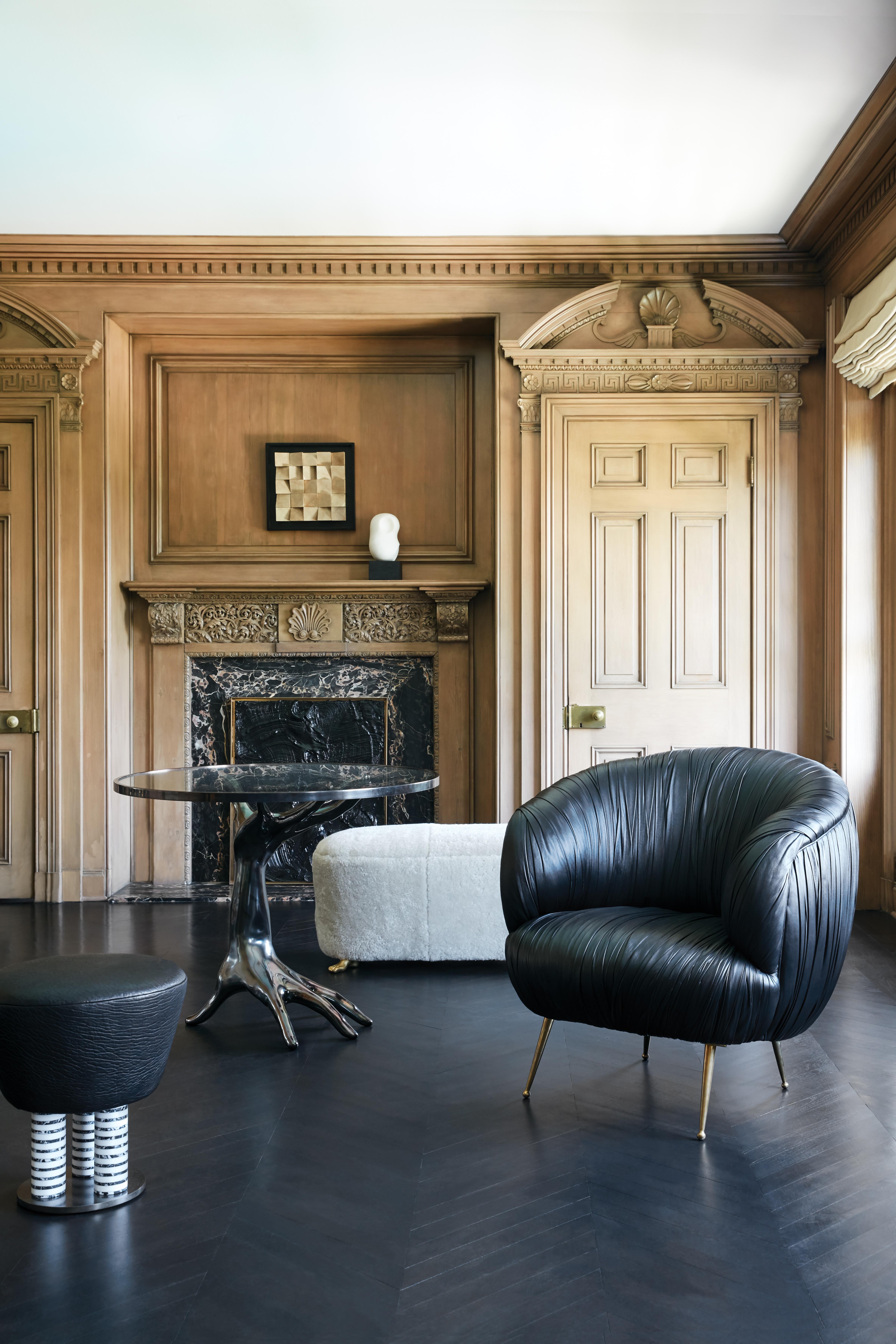 Contemporary Kelly Wearstler Signature Ruched Black Leather Souffle Chair For Sale