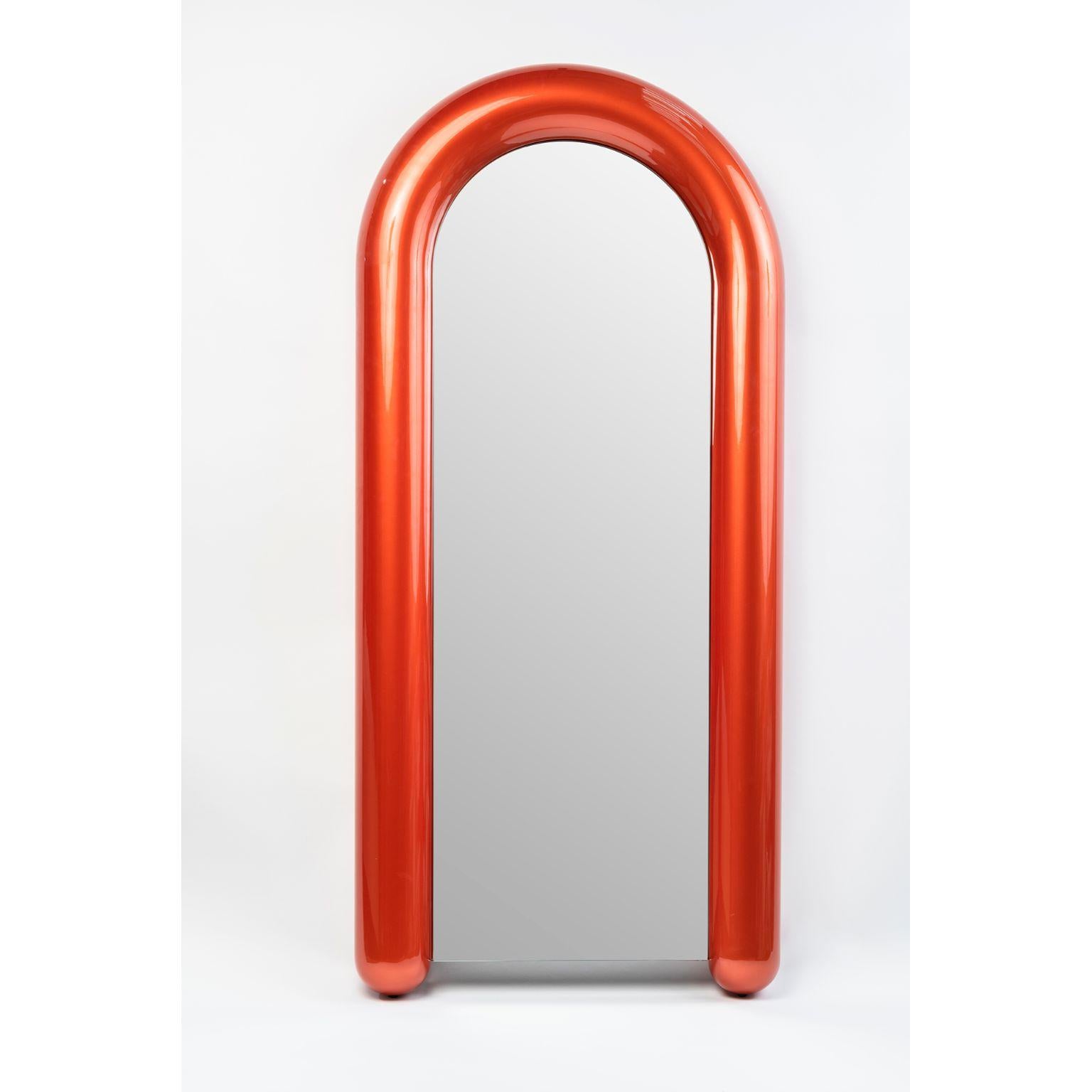 Soufflé mirror by Luca Nichetto.
Materials: structure: menthol / coral / prune 
liquid-painted metal, mirror.
Dimensions: W 91.5 x D 16 x H 200.5 cm.

  

With a playful design and an inflated appearance, Soufflé mirror borrows the French
