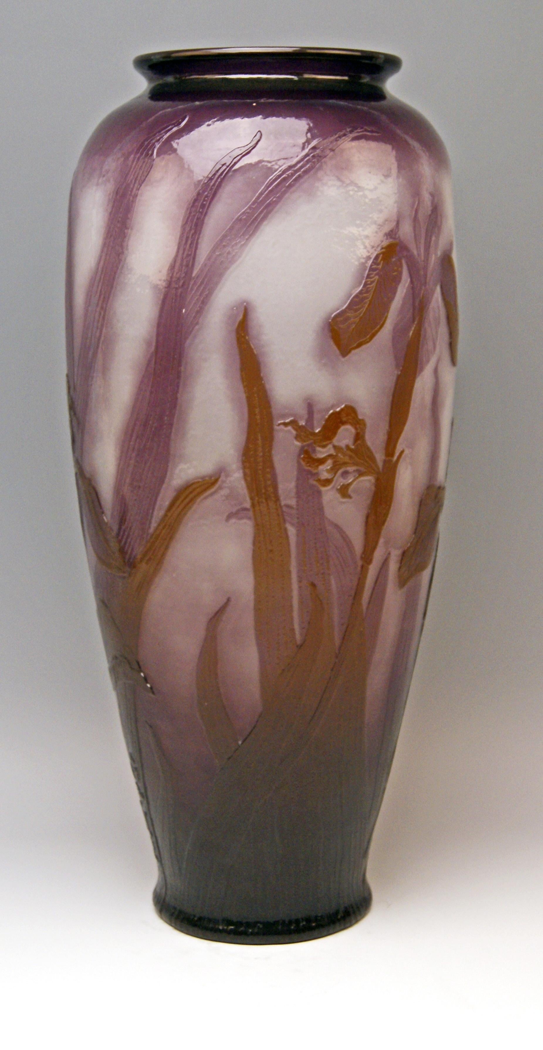 Gallé Nancy Art Nouveau finest tall Soufflé Vase 
made in France (Nancy, Lorraine) / circa 1900

Specifications: 
Stunningly manufactured casing glass with glazing surface (colorless glass with various layers: milky white-violet underneath, covered