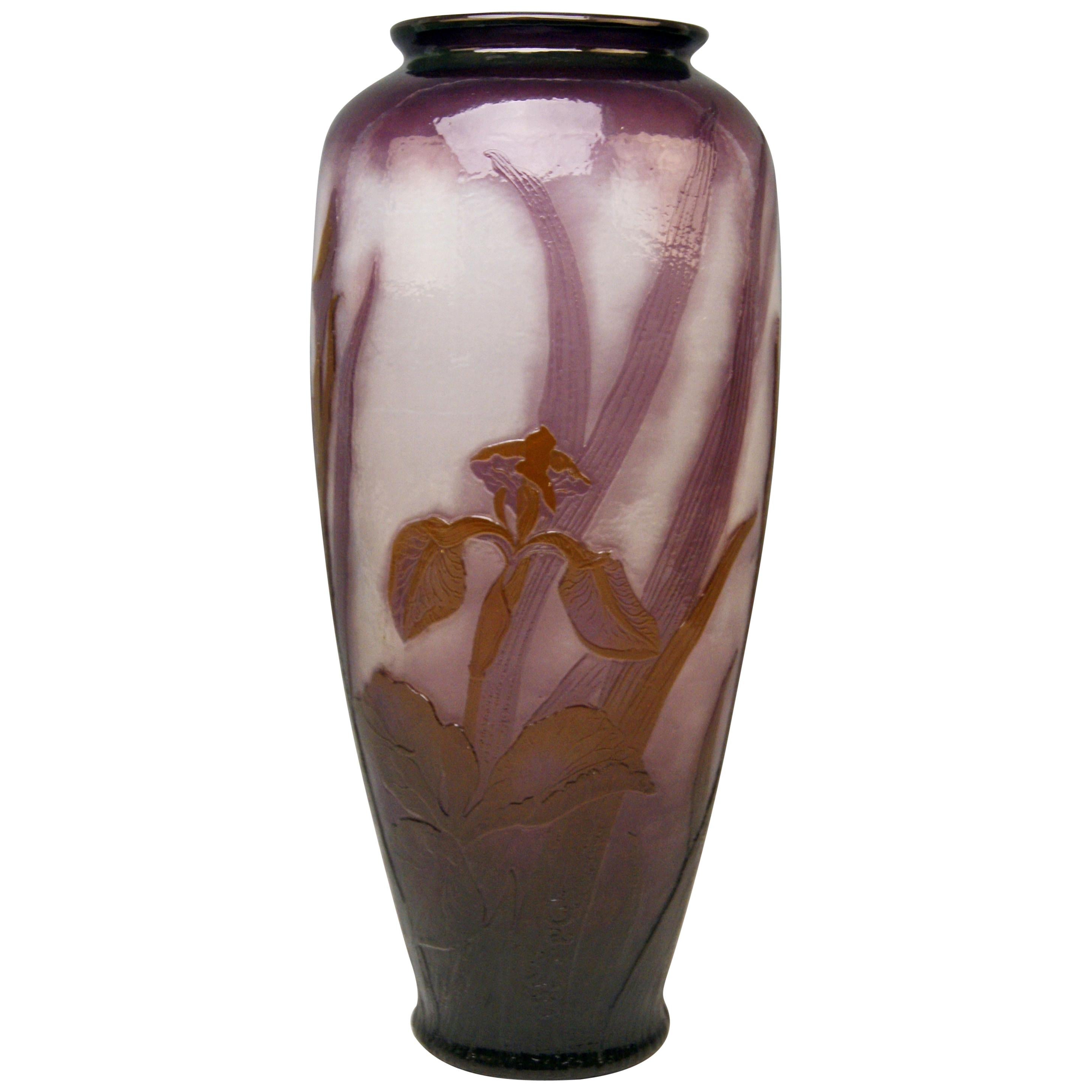 Soufflé Vase Gallé Iris Flowers Galle Nancy Art Nouveau 18.11 inches circa  1900 For Sale at 1stDibs