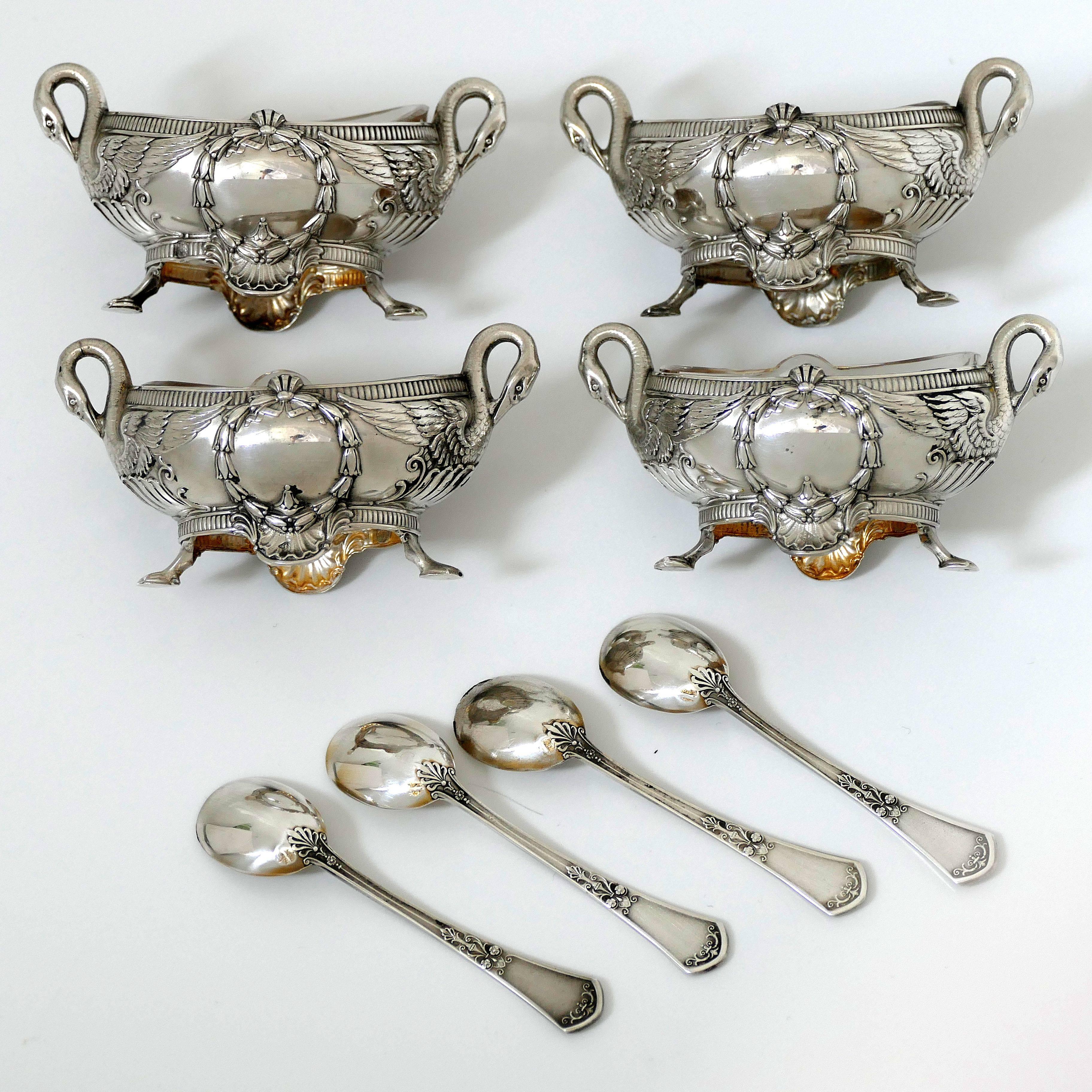 Empire Soufflot French Sterling Silver Four Salt Cellars, Spoons, Box, Swans