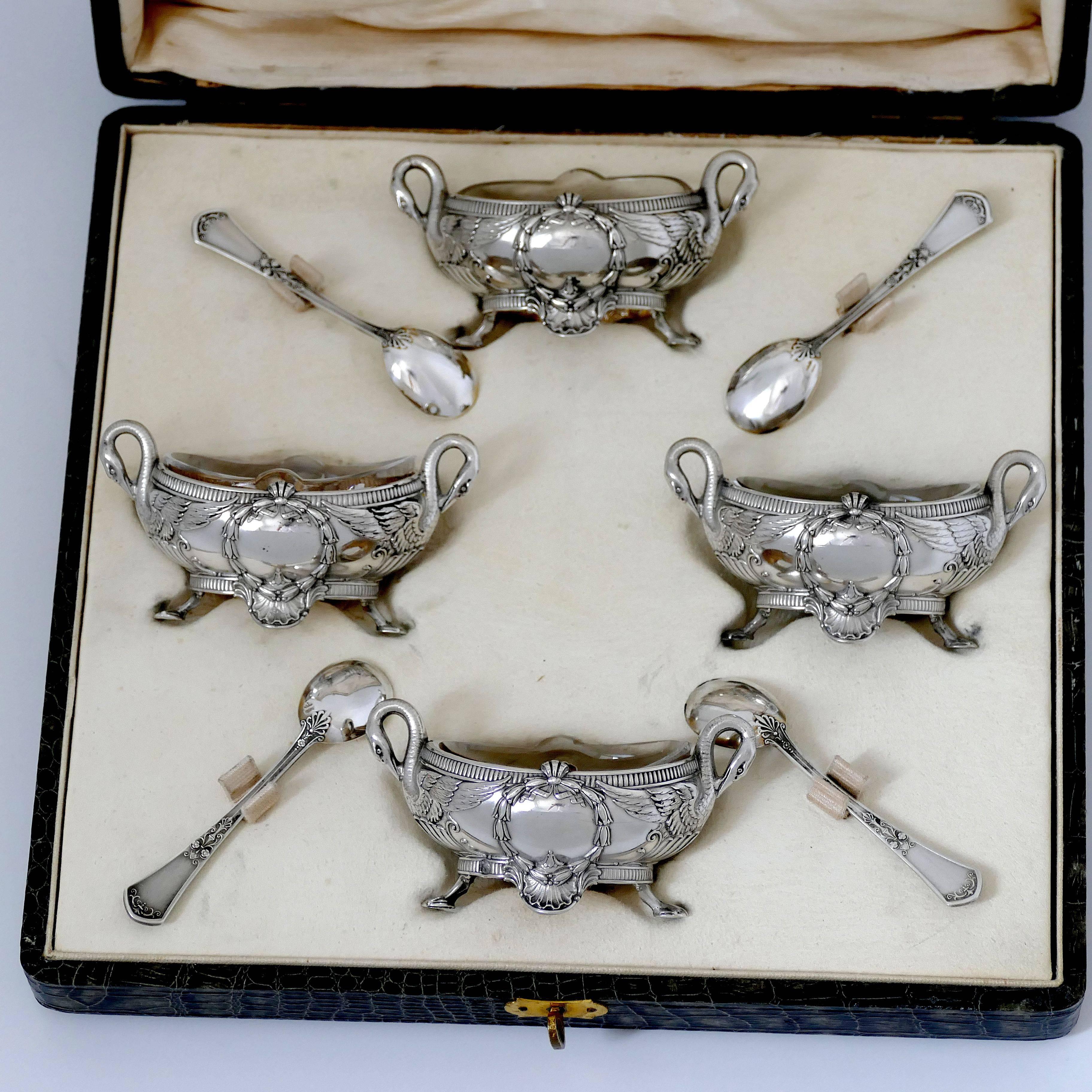 Early 20th Century Soufflot French Sterling Silver Four Salt Cellars, Spoons, Box, Swans