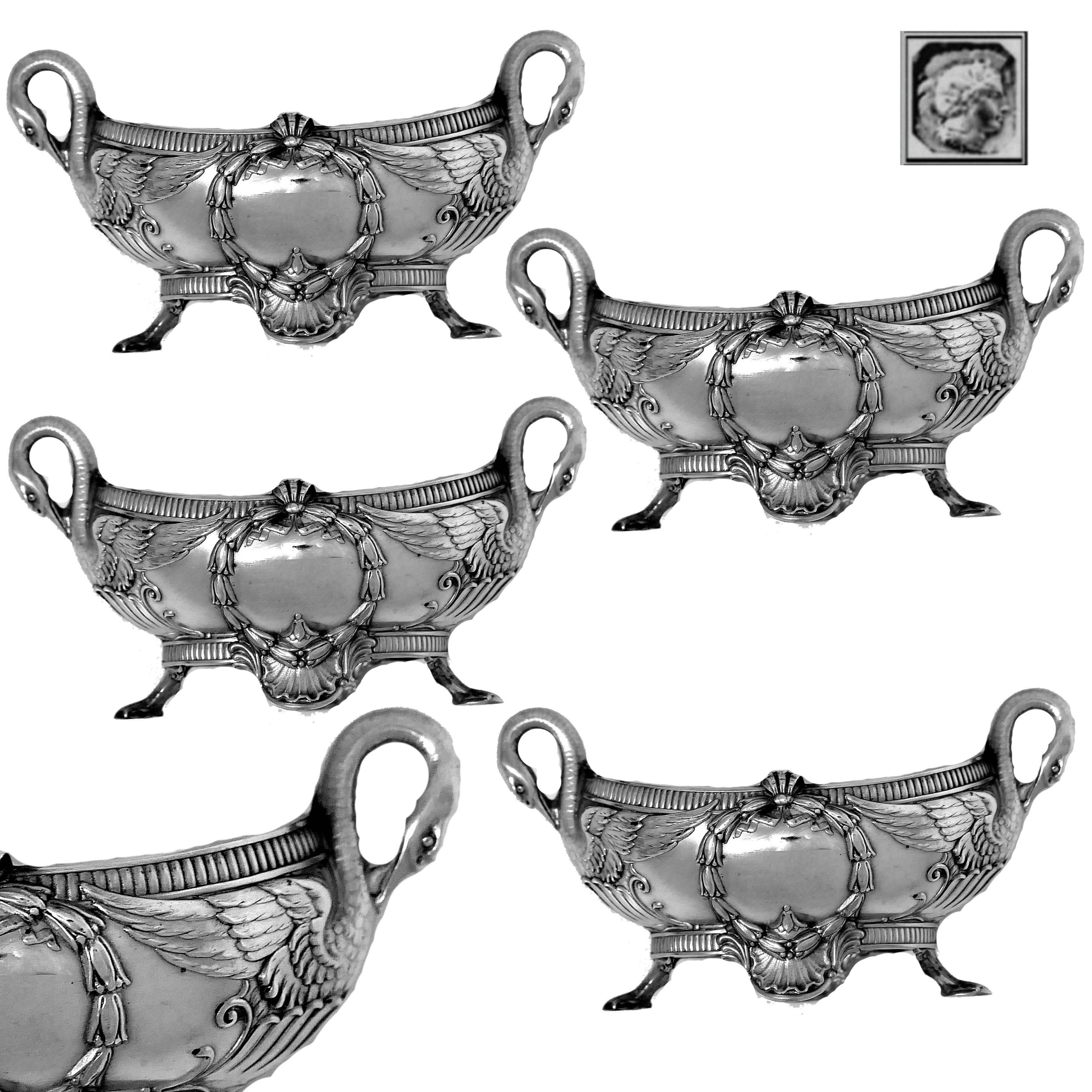 Soufflot French Sterling Silver Four Salt Cellars, Spoons, Box, Swans 1