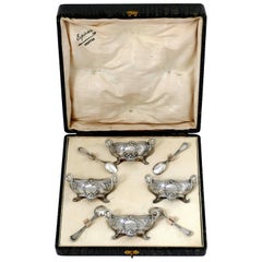 Soufflot French Sterling Silver Four Salt Cellars, Spoons, Box, Swans