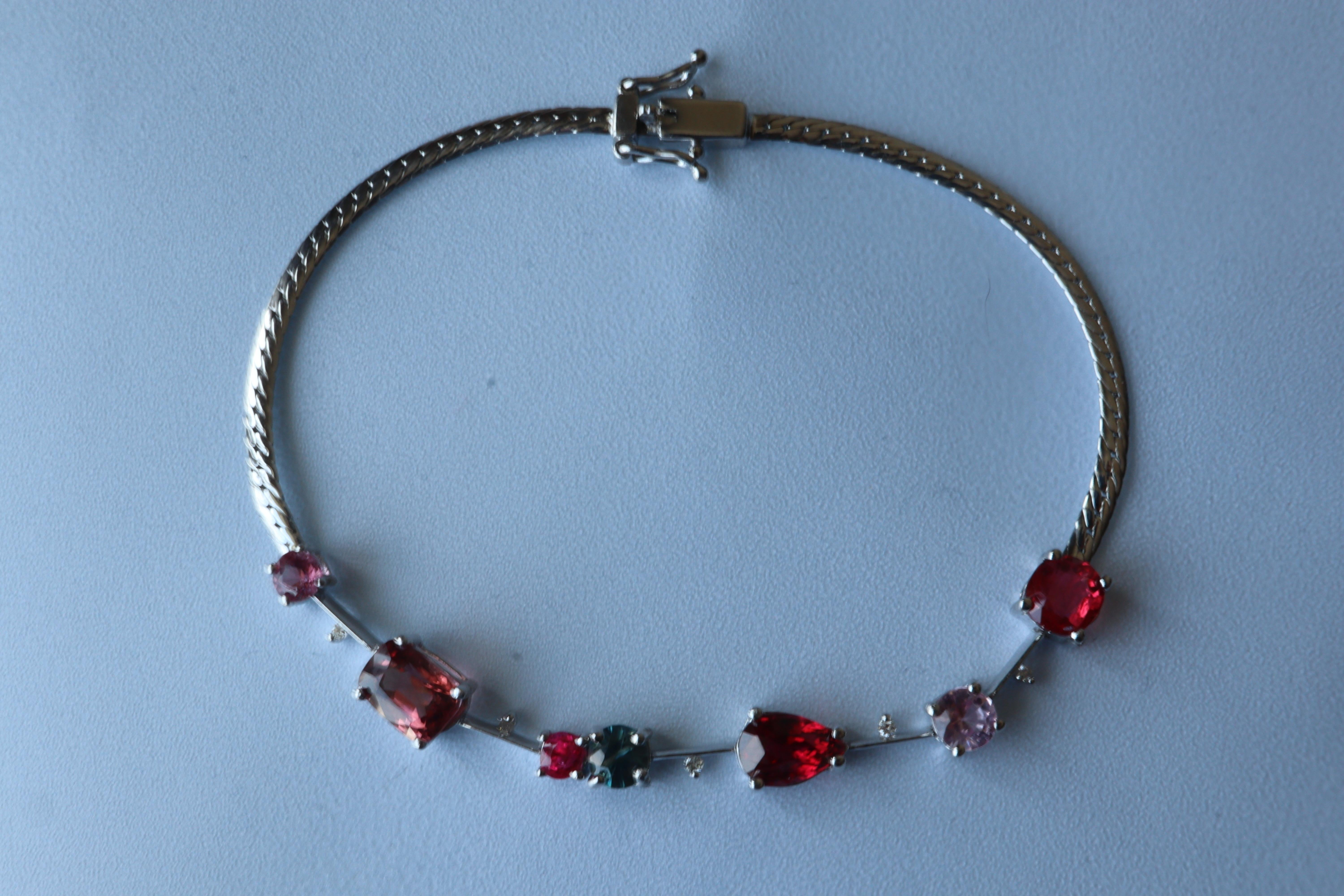 Mixed Cut Sought after color Spinels and diamonds Bracelet in 18k white gold For Sale