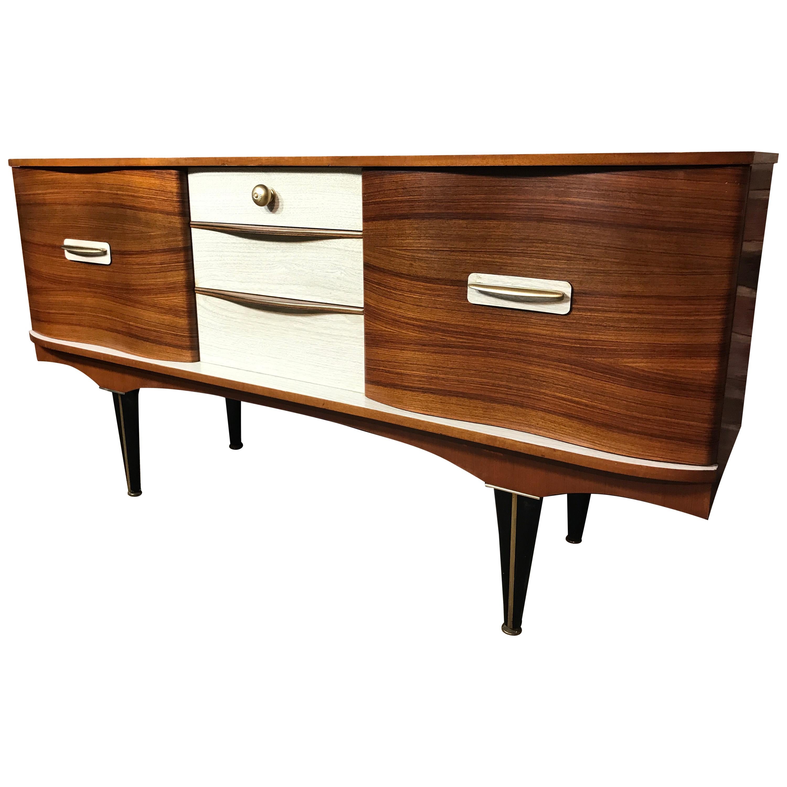 Sought After Vintage 1950 Retro Sideboard with Brass Handles and Ebonized Base