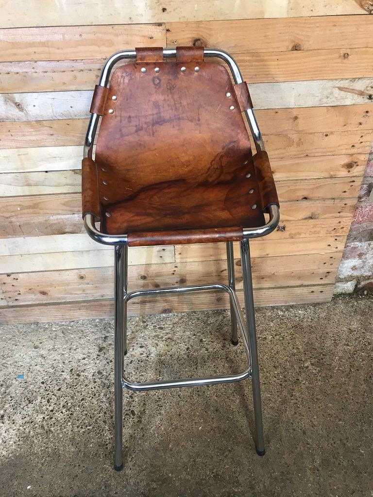 French  2x Vintage Original Leather selected by Charlotte Perriand Stool for Les Arcs For Sale