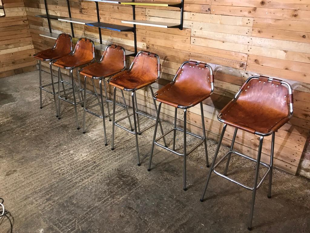 Mid-Century Modern Vintage Six Original Leather Selected by Charlotte Perriand Stools for Les Arcs