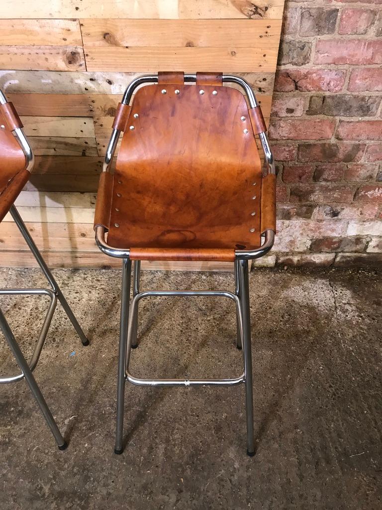 French Vintage Six Original Leather Selected by Charlotte Perriand Stools for Les Arcs