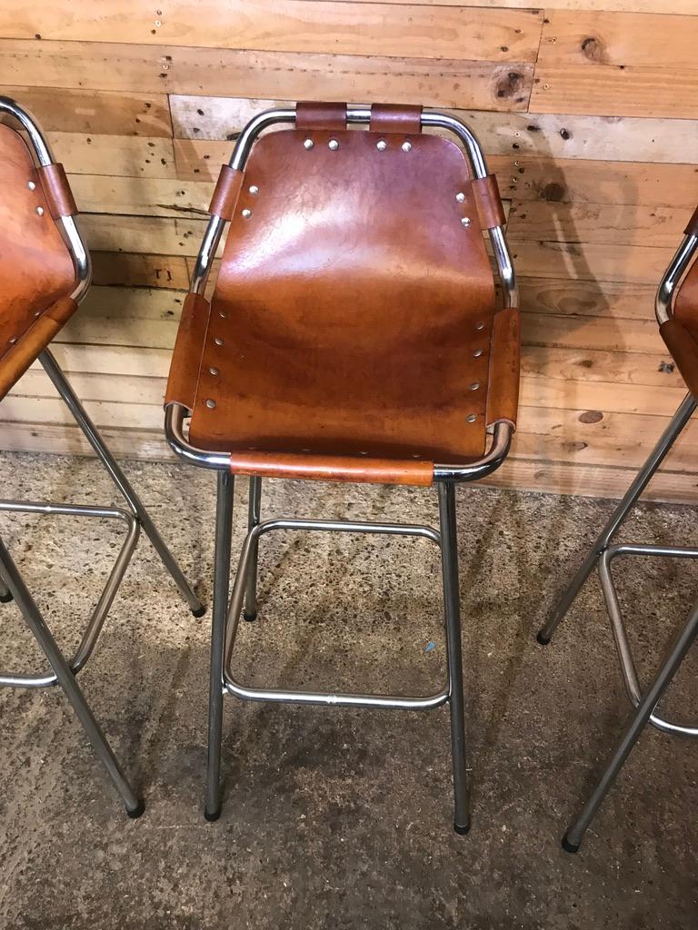Vintage Six Original Leather Selected by Charlotte Perriand Stools for Les Arcs In Good Condition In Markington, GB
