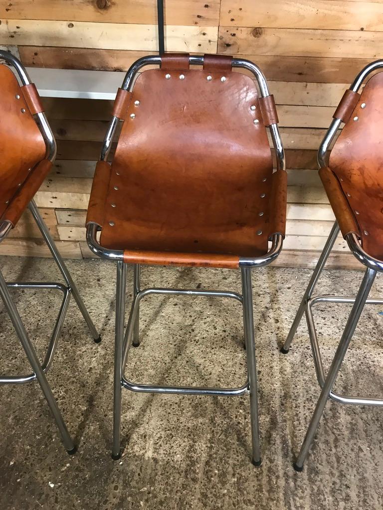 Metal Vintage Six Original Leather Selected by Charlotte Perriand Stools for Les Arcs