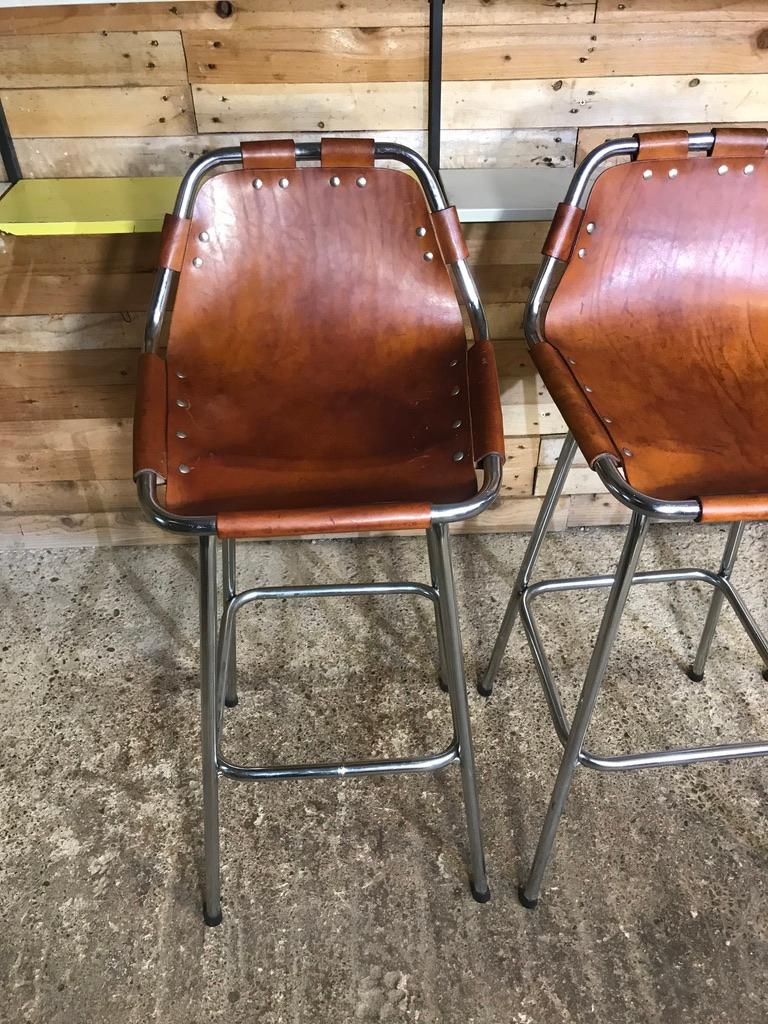 Vintage Six Original Leather Selected by Charlotte Perriand Stools for Les Arcs 2