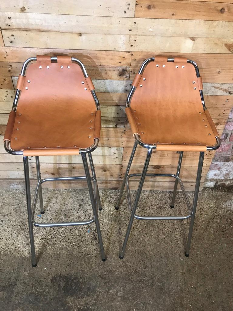 French  Vintage 3 Original Leather selected by Charlotte Perriand Stools for Les Arcs