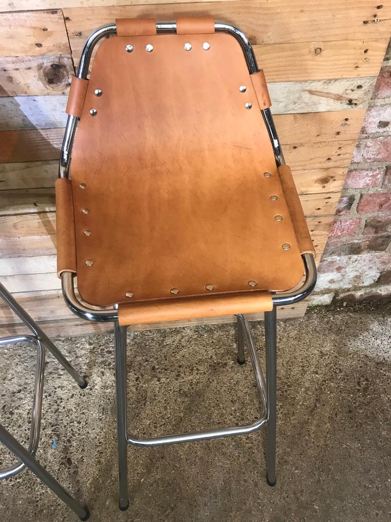20th Century  Vintage 3 Original Leather selected by Charlotte Perriand Stools for Les Arcs