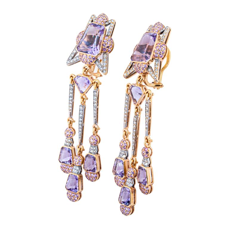 'Soul Healer' Amethyst & Sapphire and Diamond Earrings
Rose Gold 18 K, Diamond 1.33 Carat, Sapphire Pink 3.48 Carat, Amethyst 24.61 Carat




