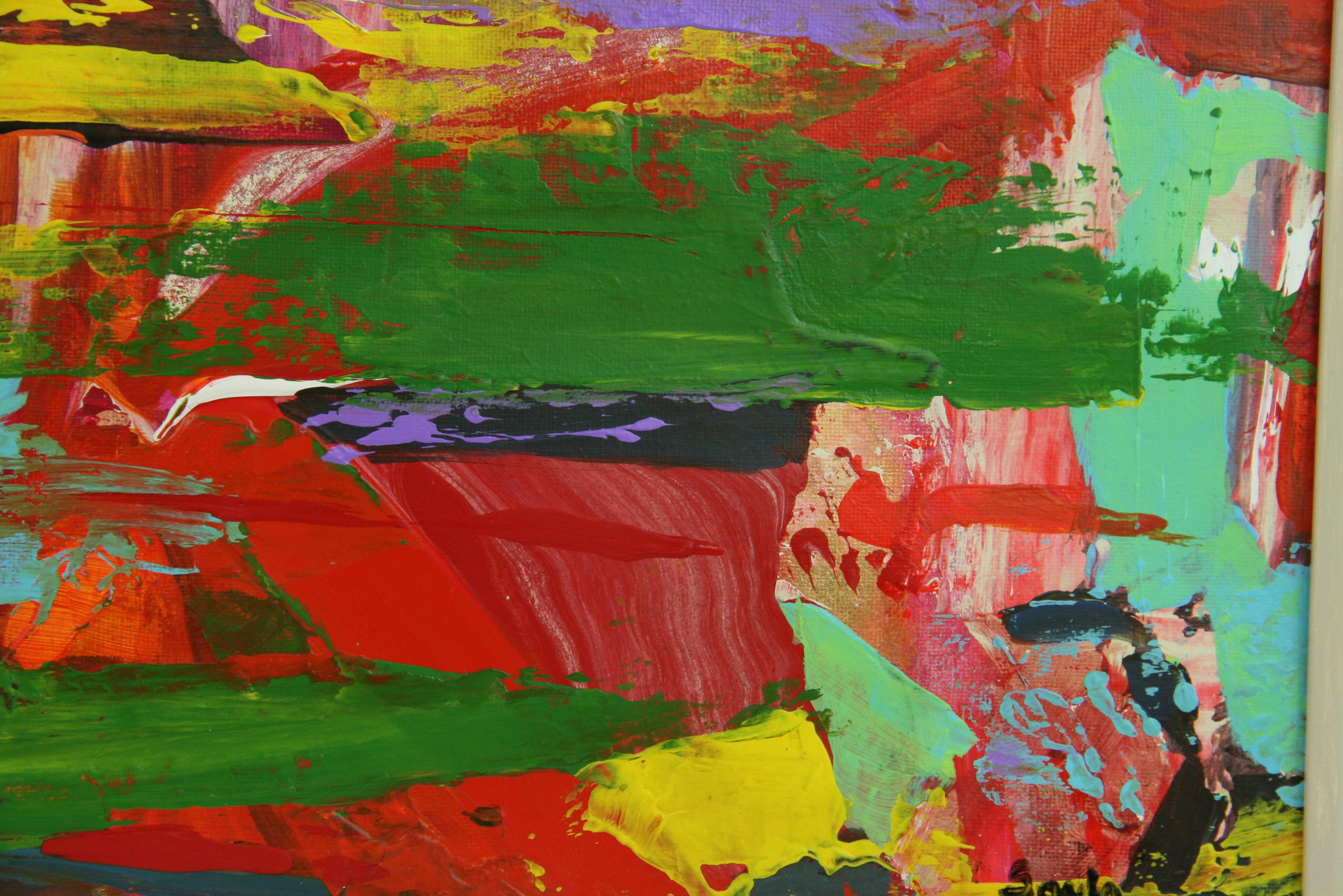 #5-3174 Französisch  Abstrakte Landschaft ,Öl  Impasto  auf Leinwand auf Karton aufgezogen, in einem Holzrahmen, rechts unten von Soula signiert, Bildgröße 11,50 H x 19