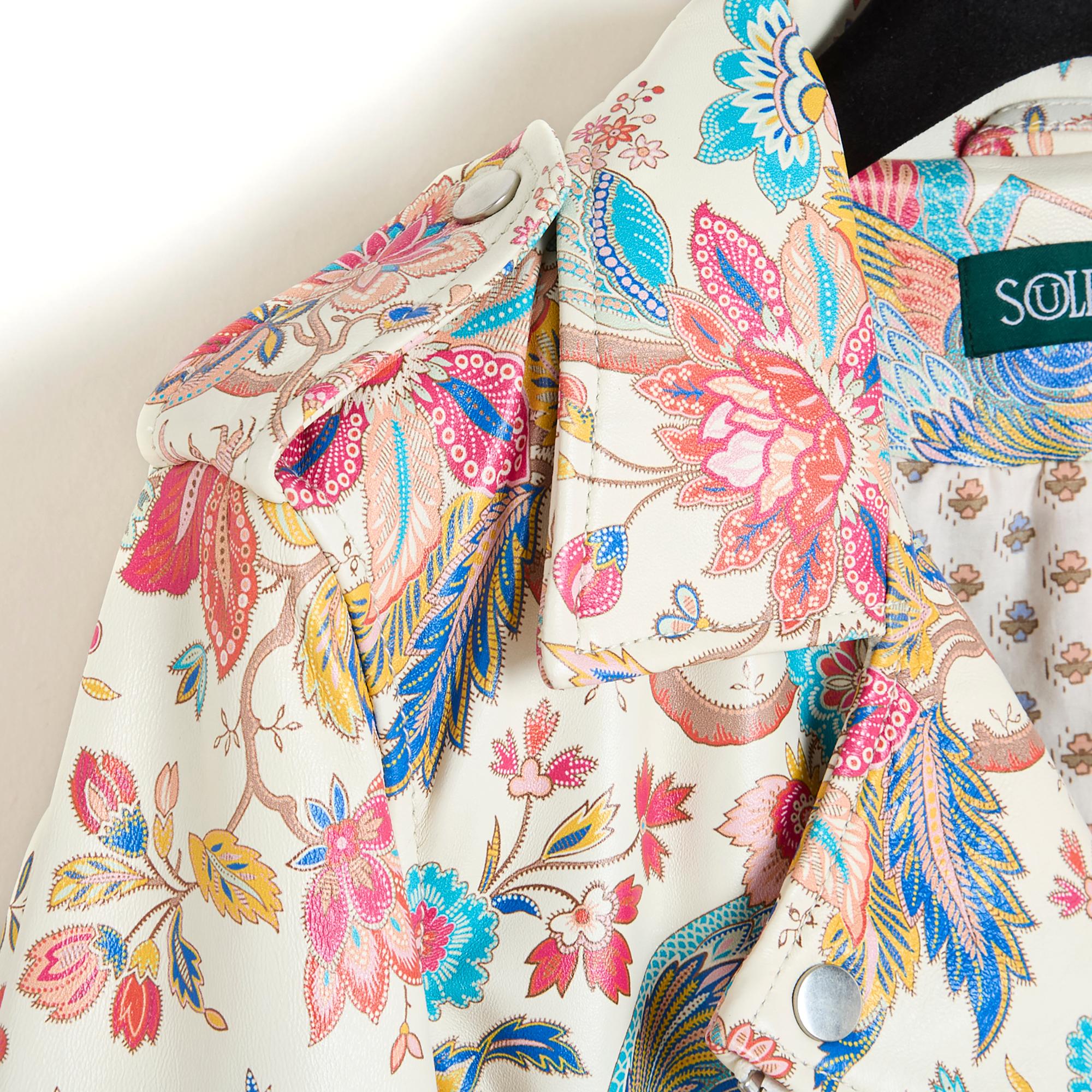 Beige Souleiado Floral Leather Biker Jacket M/L New For Sale