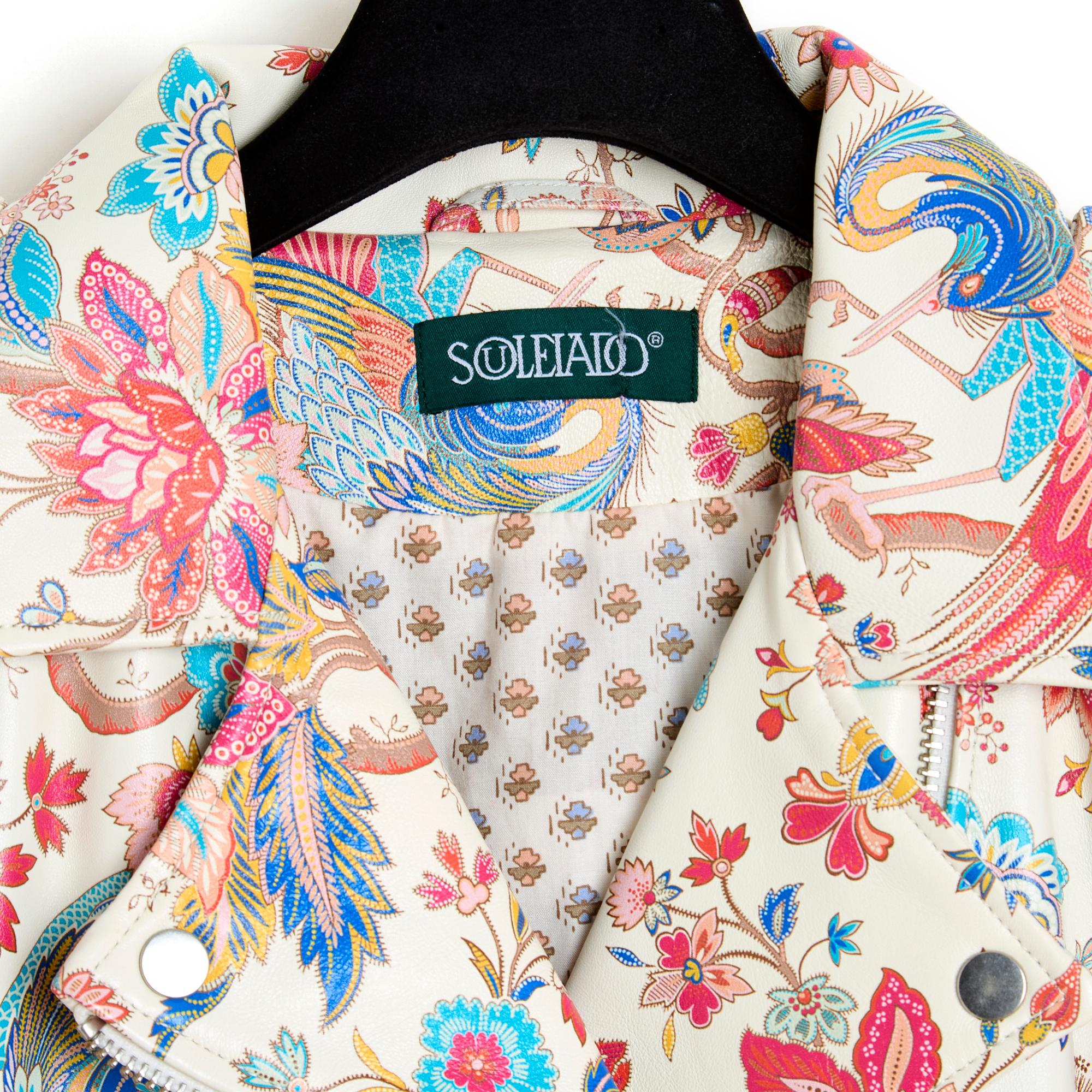 Souleiado Floral Leather Biker Jacket M/L New In Excellent Condition For Sale In PARIS, FR