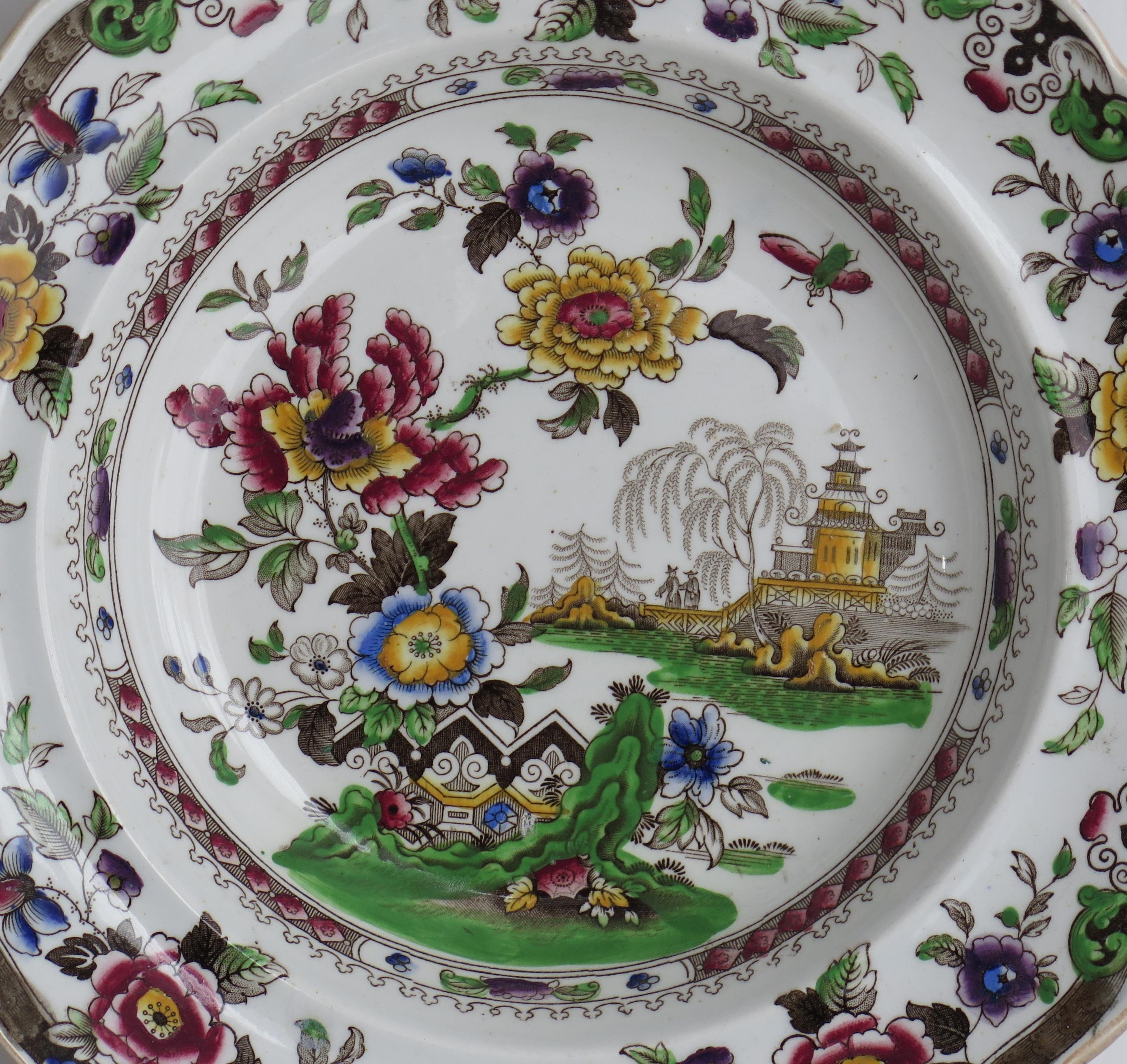 Chinoiserie Soup Bowl or Plate Pottery by Zachariah Boyle Chinese Flora Pattern, Ca 1825 For Sale