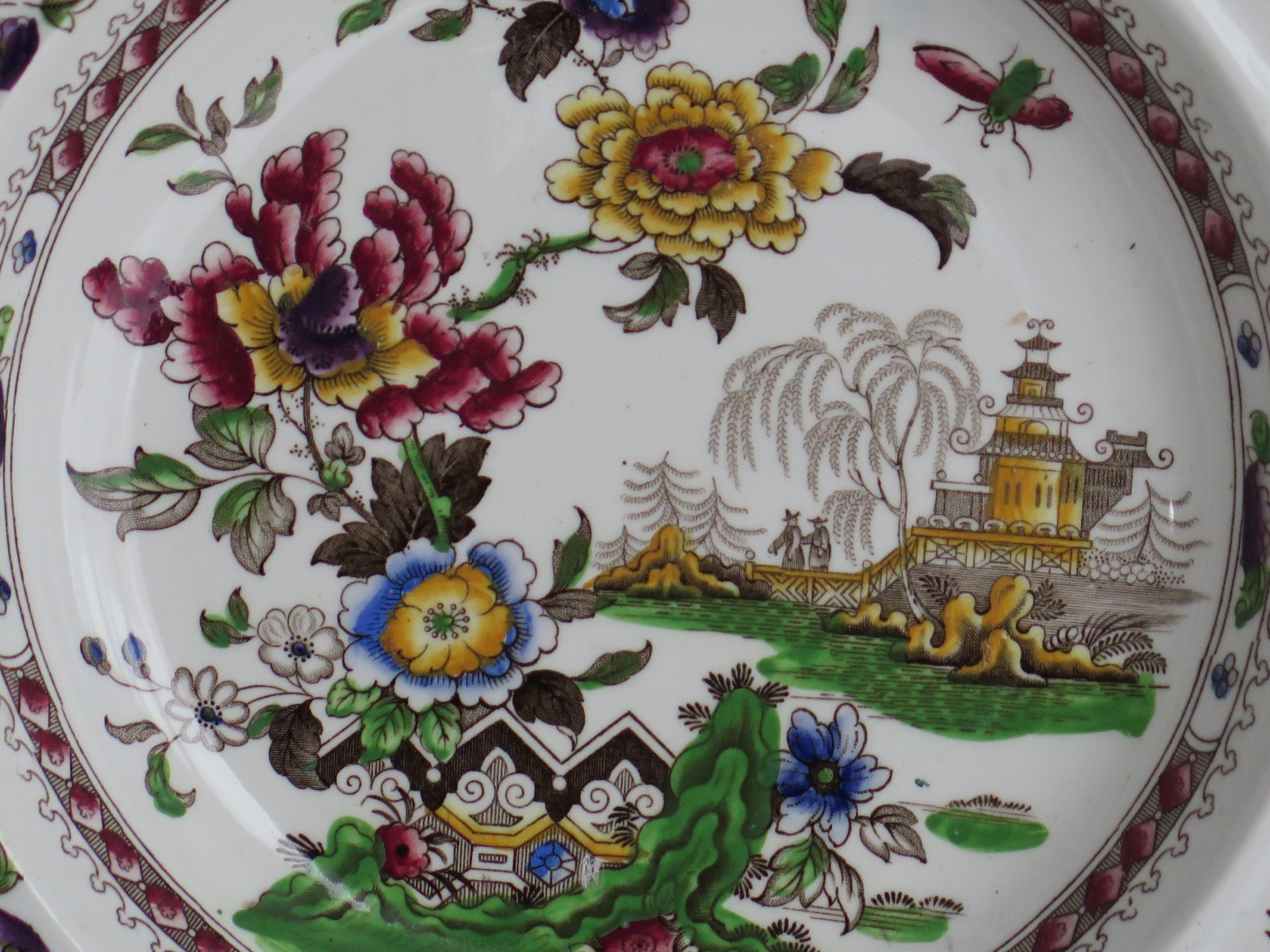 English Soup Bowl or Plate Pottery by Zachariah Boyle Chinese Flora Pattern, Ca 1825 For Sale