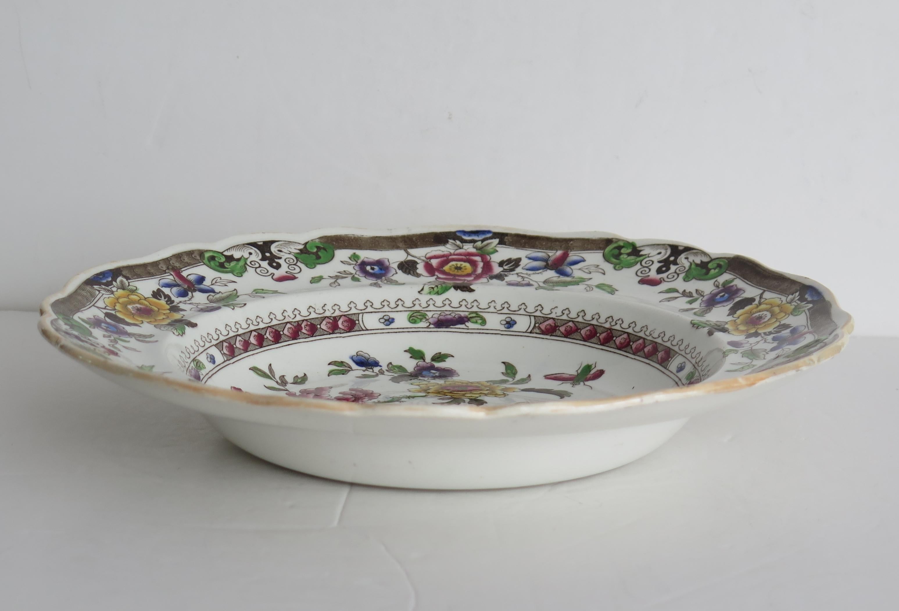 Hand-Painted Soup Bowl or Plate Pottery by Zachariah Boyle Chinese Flora Pattern, Ca 1825 For Sale