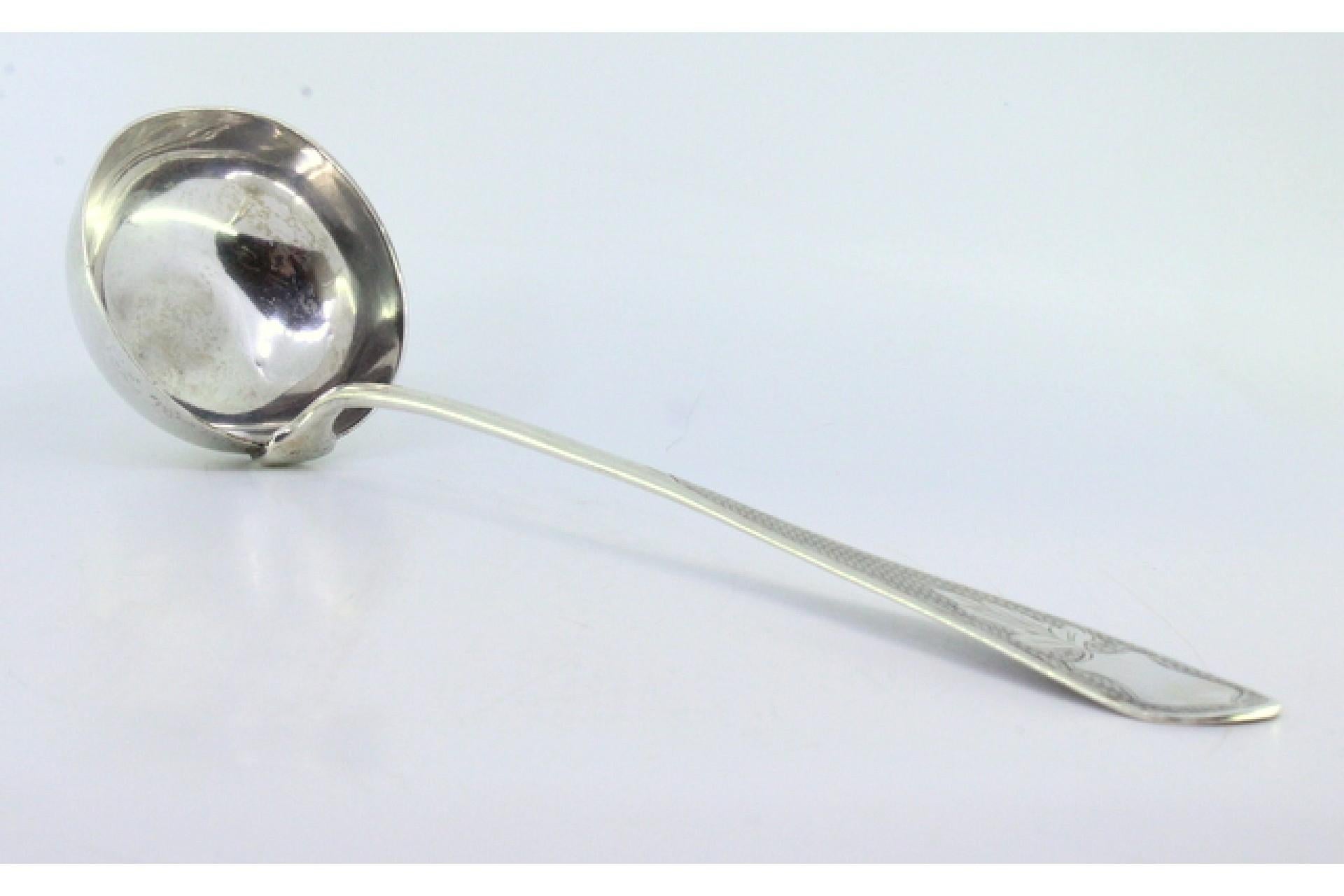 Soup ladle in guilloche silver on the handle to be dispatched w/ a monogram card For Sale 1