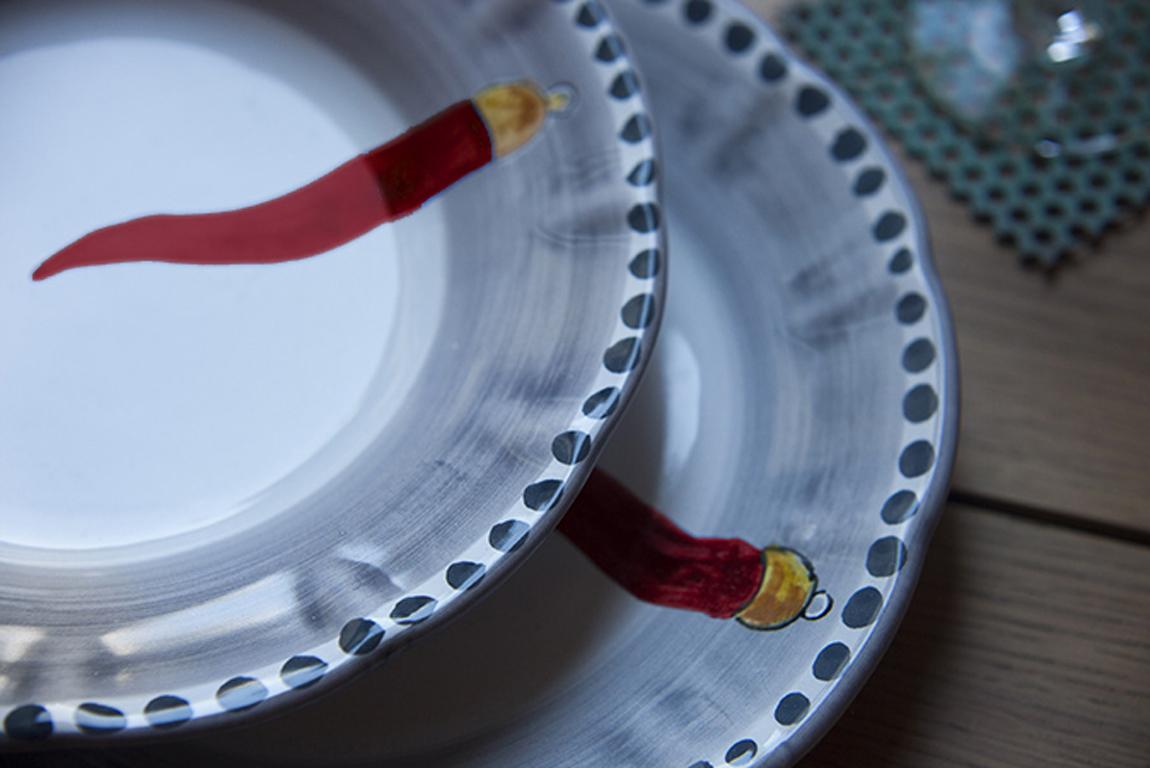 21st Century Hand Painted Ceramic Soup Plate in Red and White Handmmade In New Condition For Sale In Milan, IT