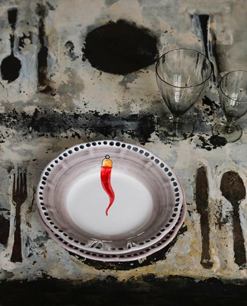 Contemporary 21st Century Hand Painted Ceramic Soup Plate in Red and White Handmmade For Sale