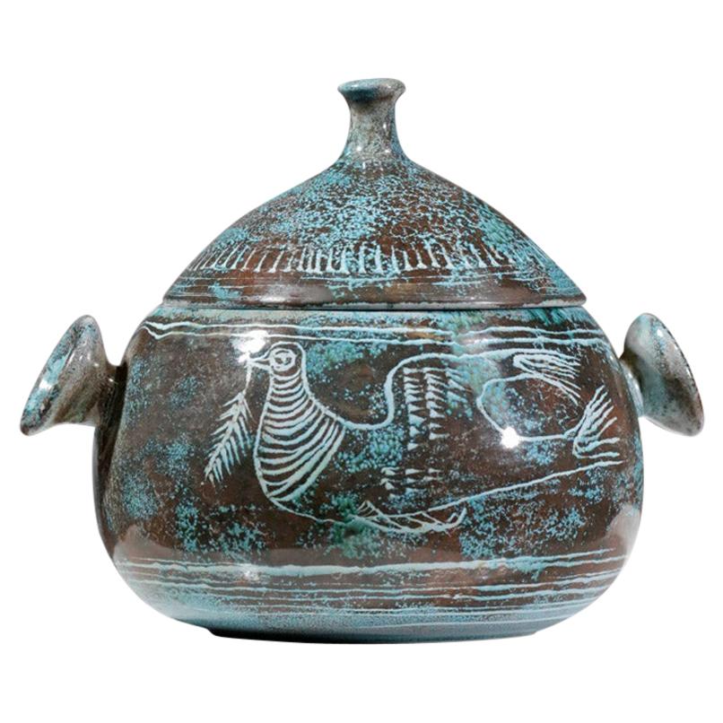 Zuppiera Atelier A Yvon Roy Mongolfier Durtal Blu Bronzo Ceramica Uccello, F149