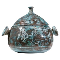 Soup Tureen Atelier Yvon Roy Mongolfier Durtal Blue Bronze Ceramic Bird, F149
