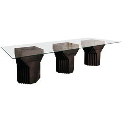 Sculptural Geometric Dining Table in Black Tuff and Clear Glass