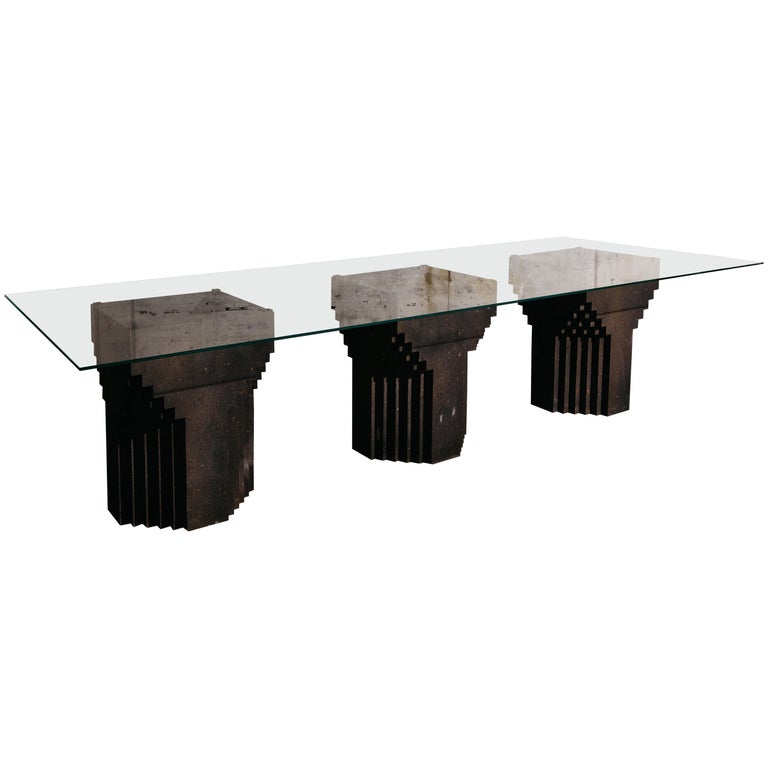 Sculptural Geometric Dining Table in Black Tuff and Clear Glass For Sale