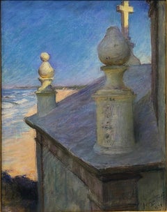 Sousa Pinto, Hermitage by the Beach, 20th Century, Landscape Pastel on Paper