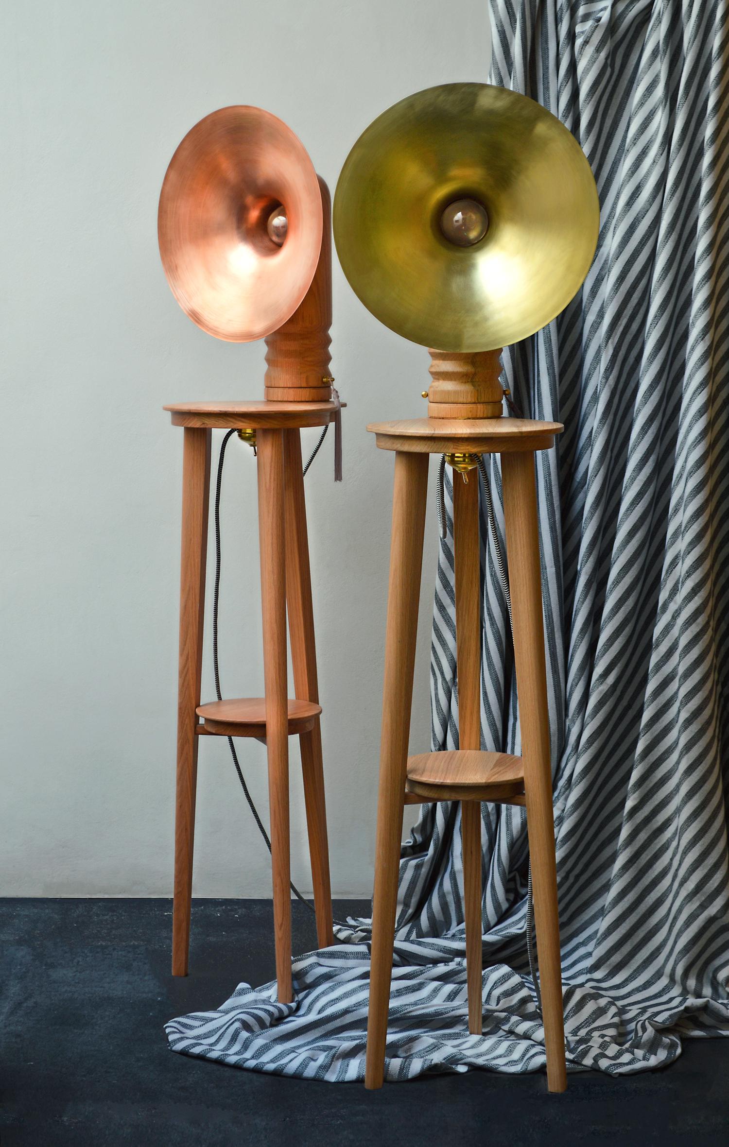 Modern Sousaphone Contemporary Oak Tripod Floor Lamp with Brass Screen For Sale