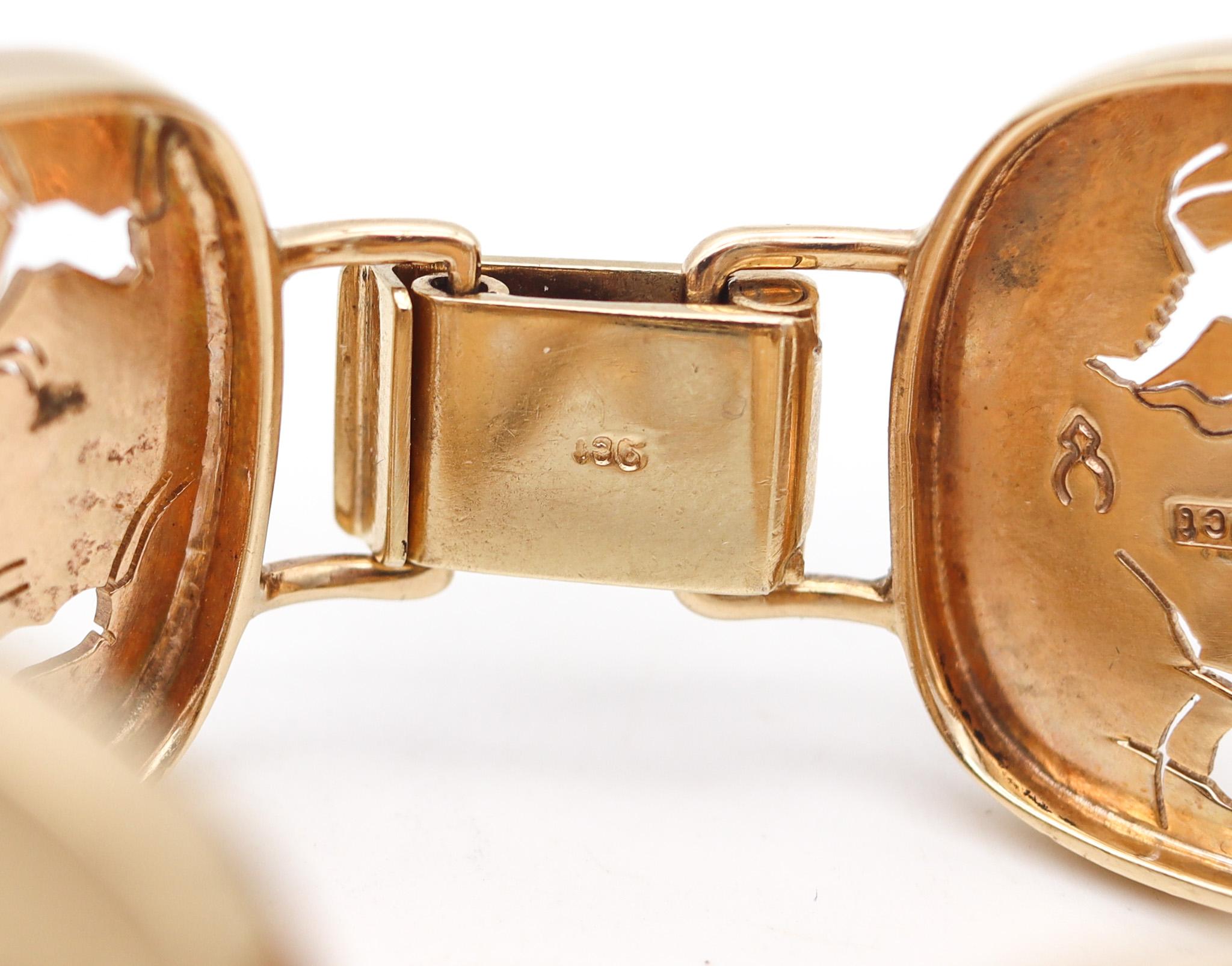 Modernist South Africa 1970 Ancient Tribal-Art Motifs Bracelet in Solid 9Kt Yellow Gold For Sale