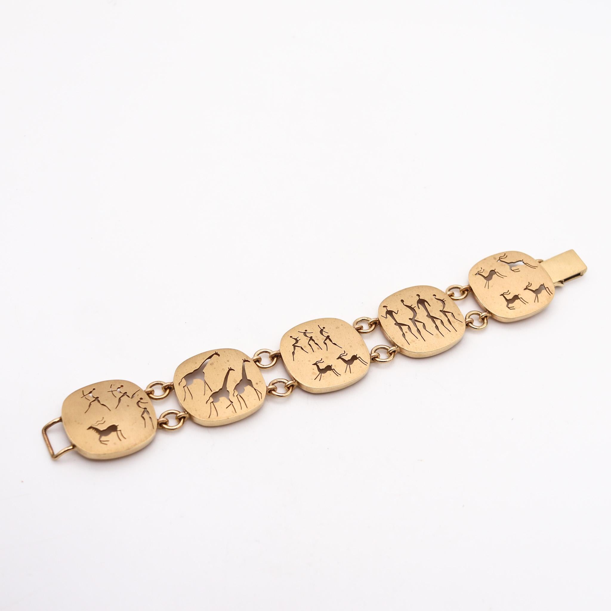 South Africa 1970 Ancient Tribal-Art Motifs Bracelet in Solid 9Kt Yellow Gold In Excellent Condition For Sale In Miami, FL