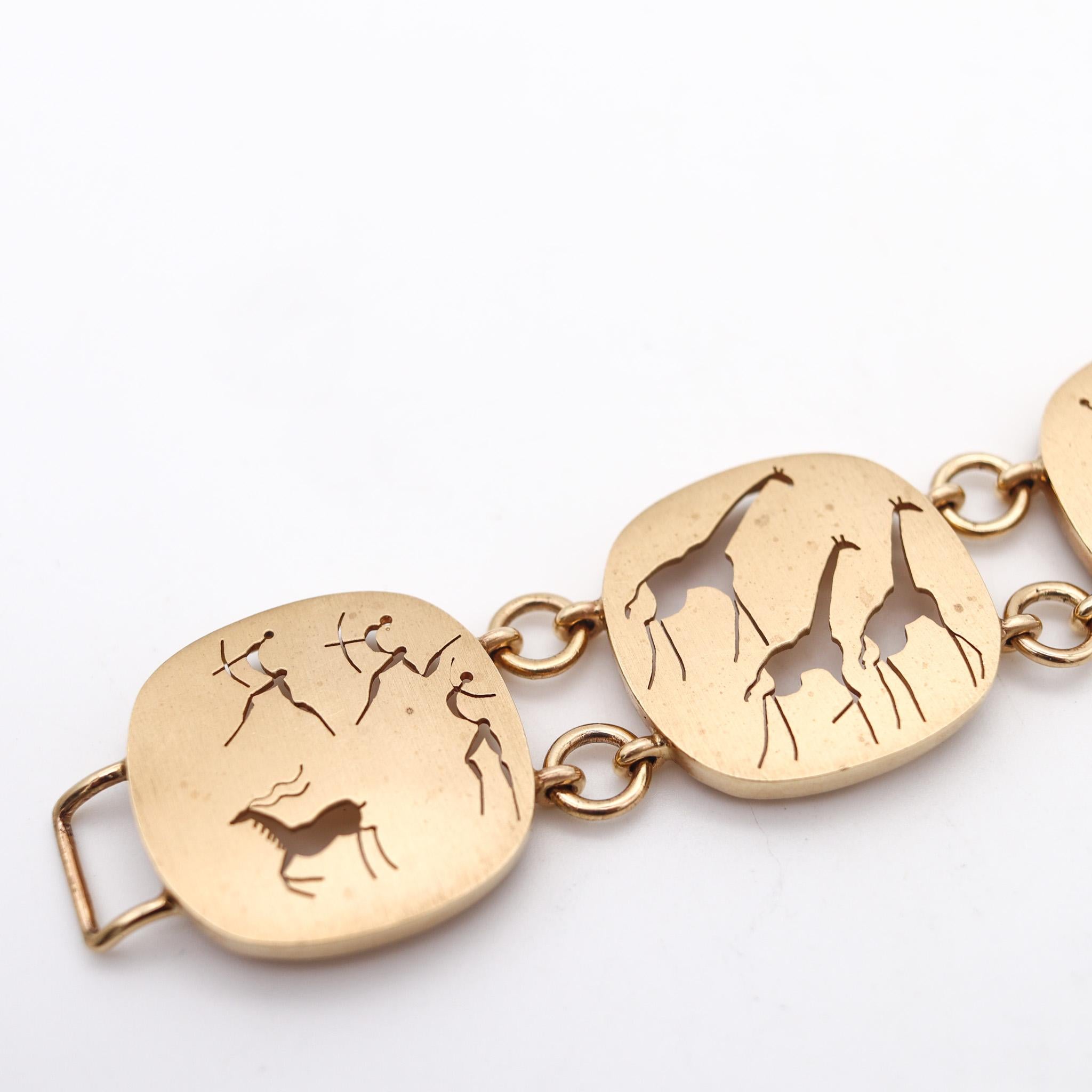 Südafrika 1970 Armband aus massivem 9 Karat Gelbgold mit antiken Stammeskunst-Motiven für Damen oder Herren