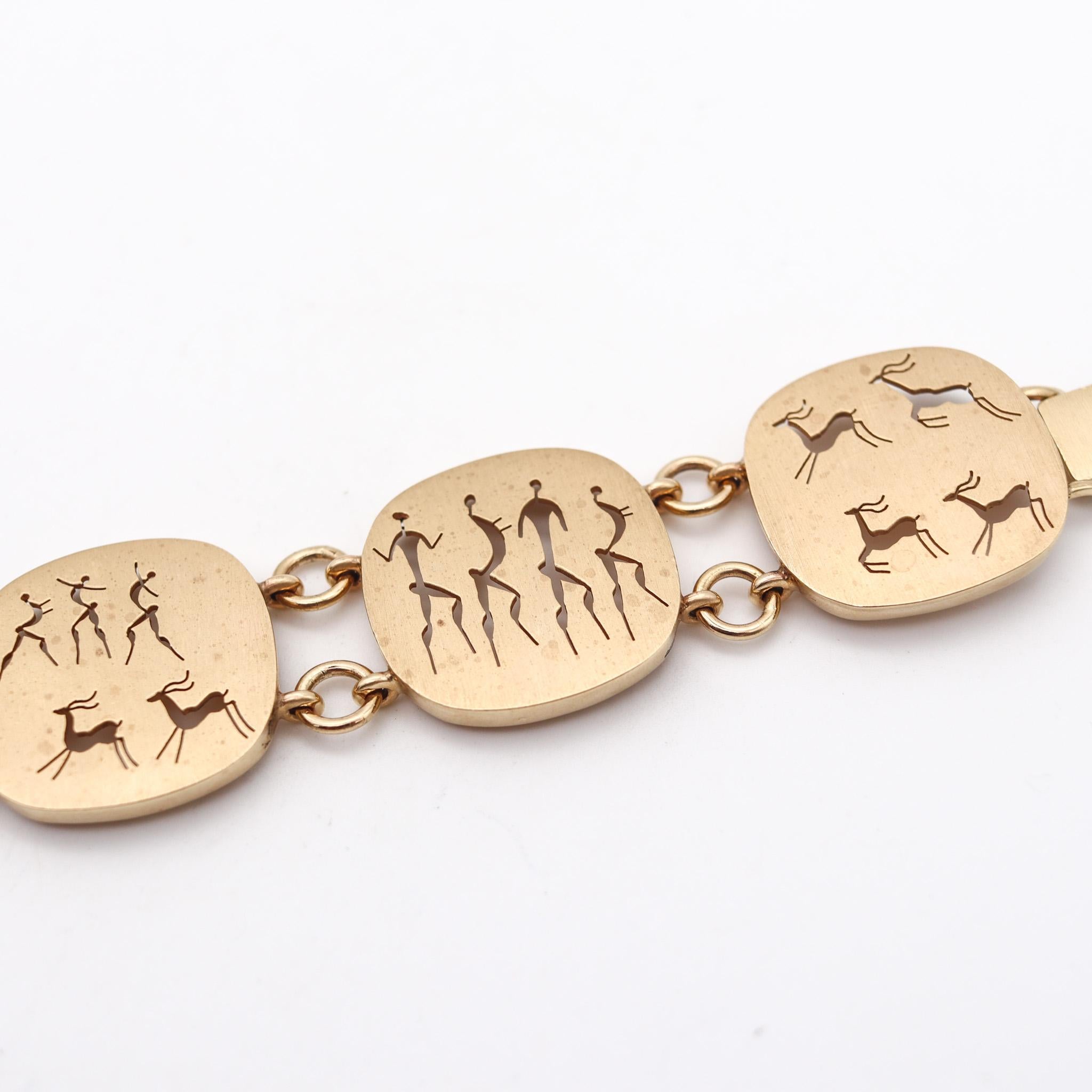 South Africa 1970 Ancient Tribal-Art Motifs Bracelet in Solid 9Kt Yellow Gold For Sale 1