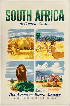 SOUTH AFRICA BY CLIPPER - PAN AM Original Vintage Airline Travel Tourism Poster
