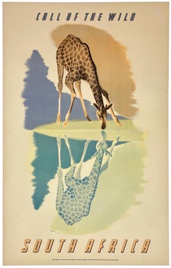 SOUTH AFRICA - CALL OF THE WILD Giraffe Original Vintage Travel Tourism Poster