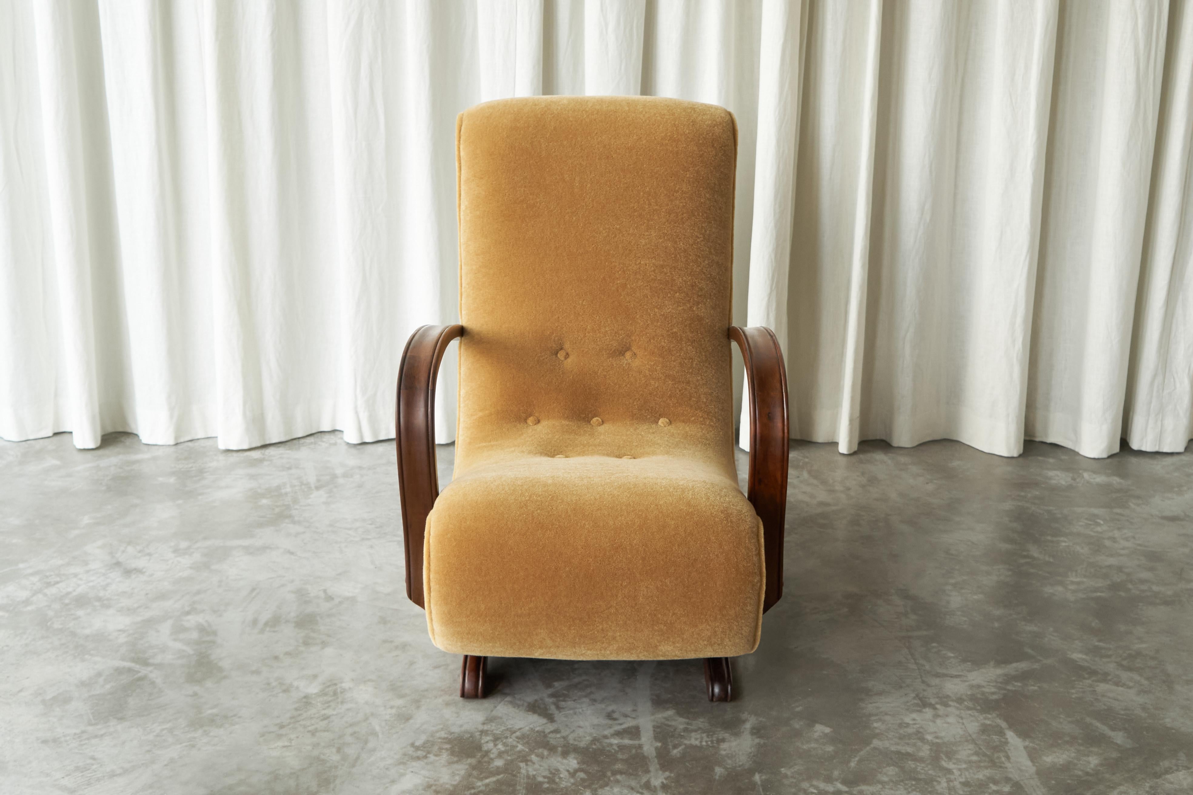 South African Cabinetmaker Rocking Lounge Chair in Mohair and Solid Wood 1930s 4