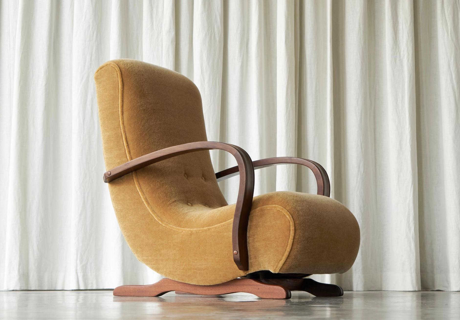 Art Deco South African Cabinetmaker Rocking Lounge Chair in Mohair and Solid Wood 1930s For Sale