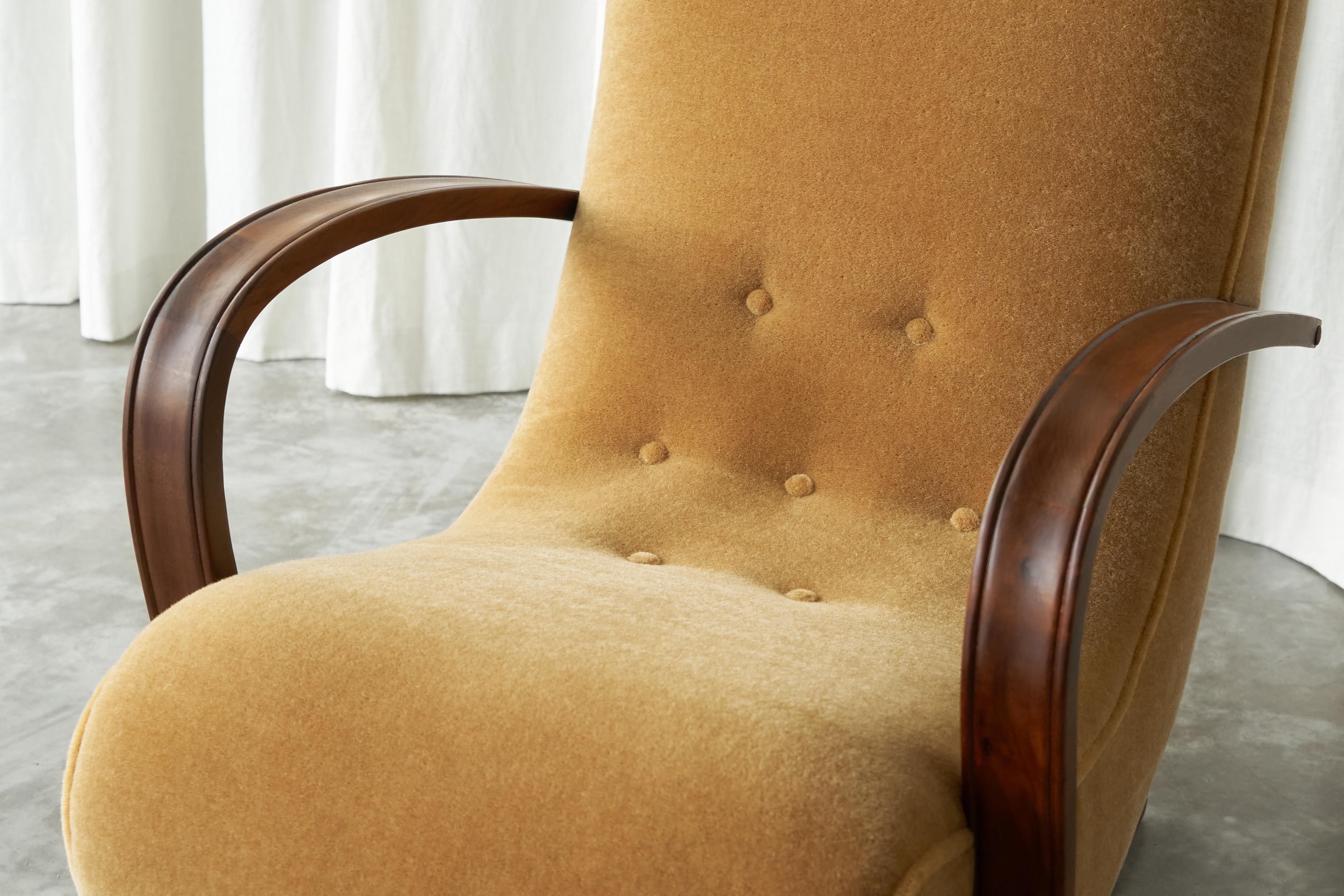 Unknown South African Cabinetmaker Rocking Lounge Chair in Mohair and Solid Wood 1930s