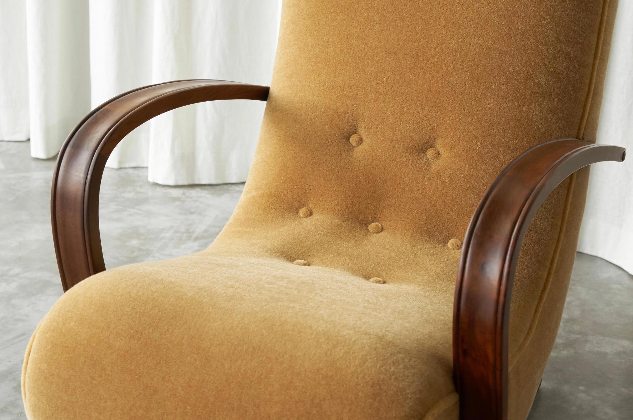 Hand-Crafted South African Cabinetmaker Rocking Lounge Chair in Mohair and Solid Wood 1930s For Sale