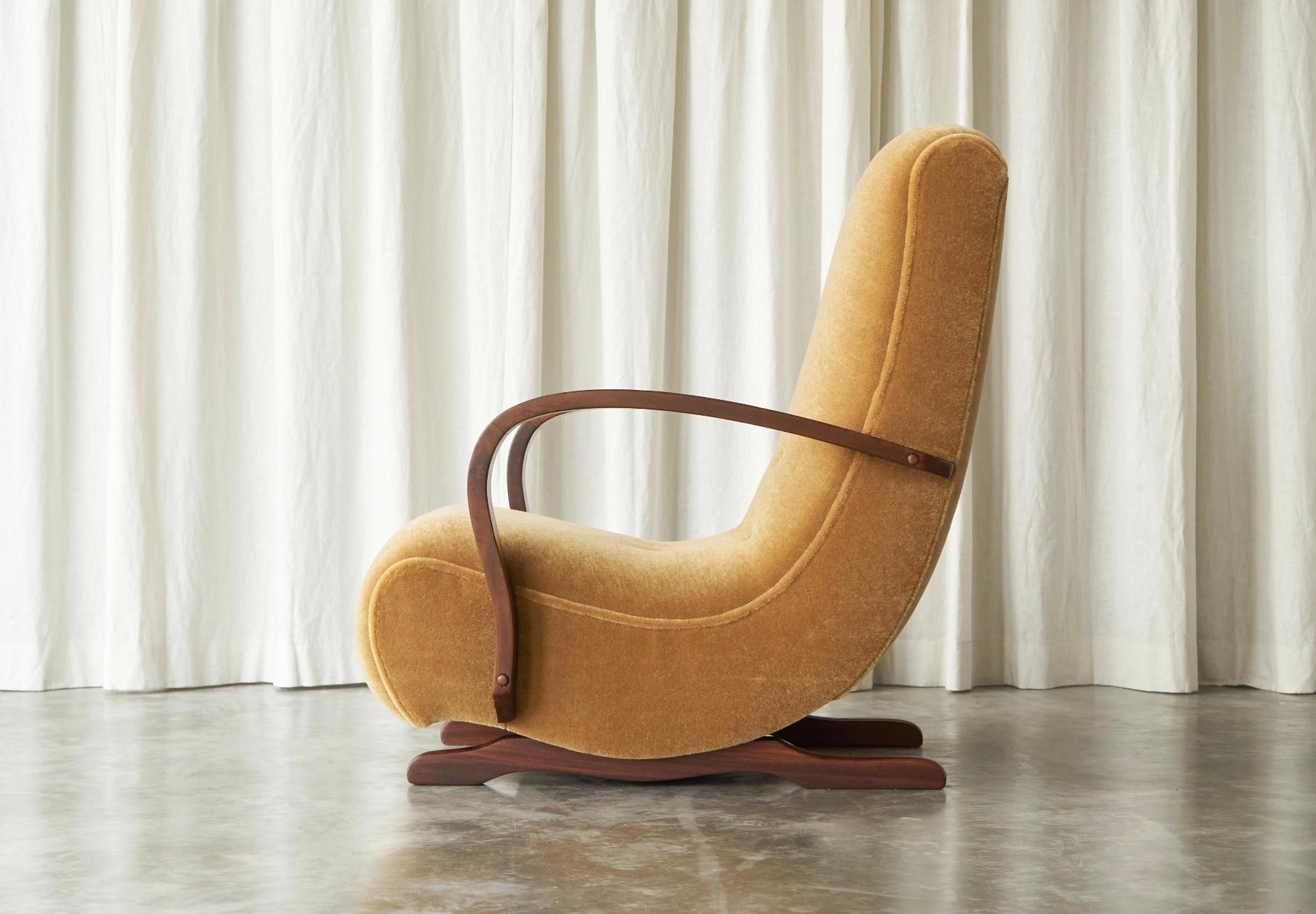 South African Cabinetmaker Rocking Lounge Chair in Mohair and Solid Wood 1930s For Sale 3